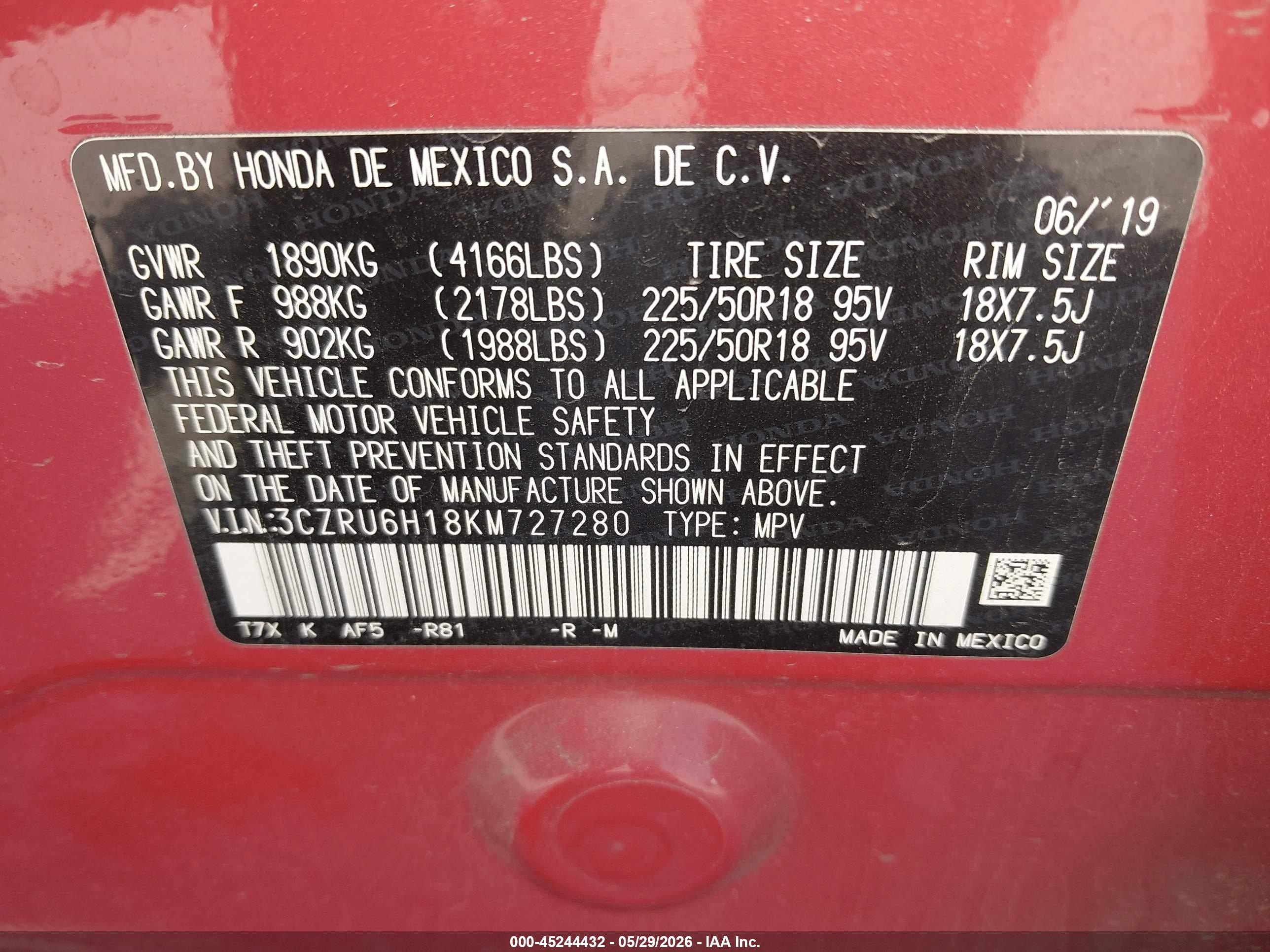 2019 Honda Hr-v Sport Red vin: 3CZRU6H18KM727280