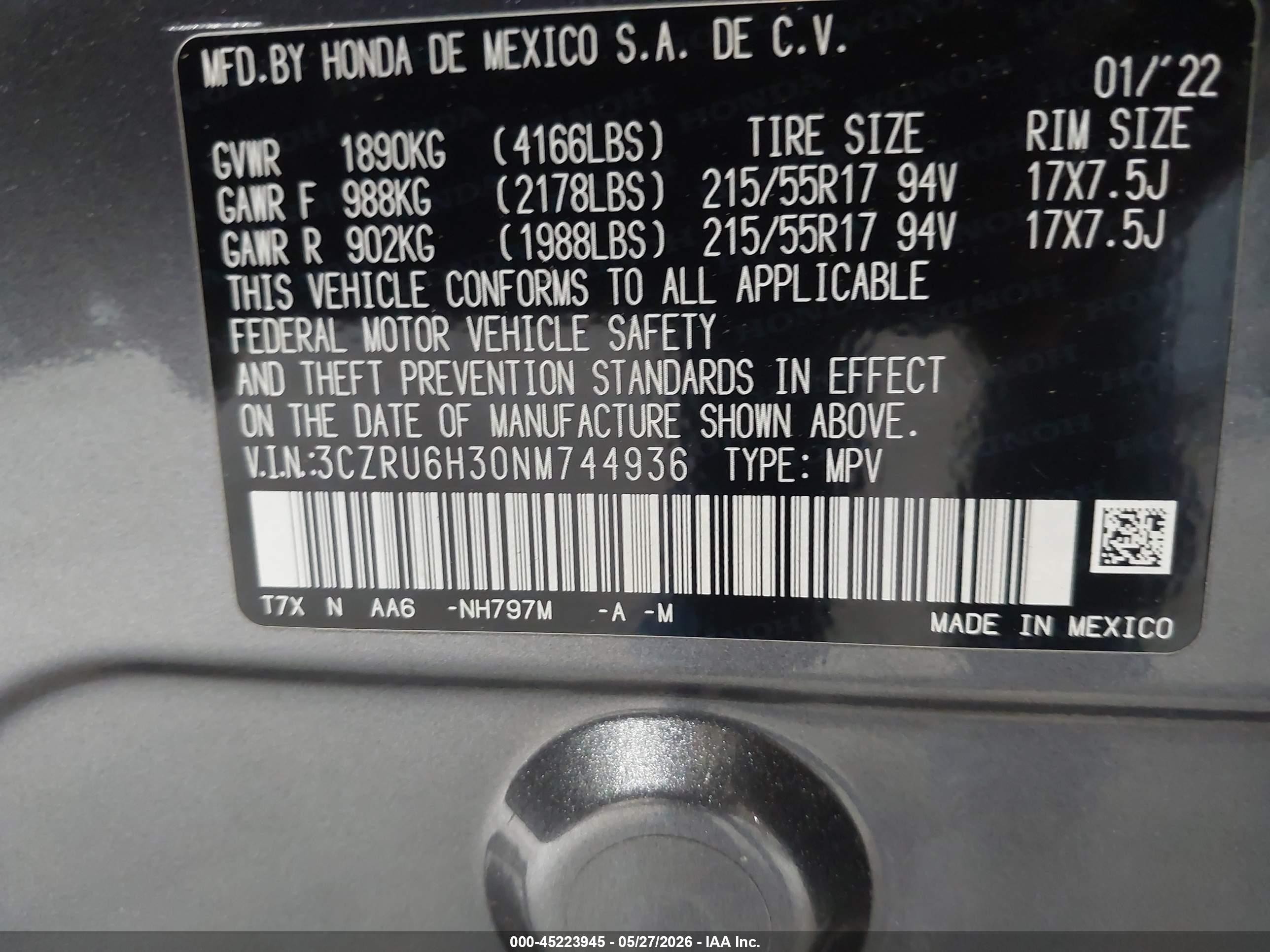 2022 Honda Hr-v Awd Lx Gray vin: 3CZRU6H30NM744936