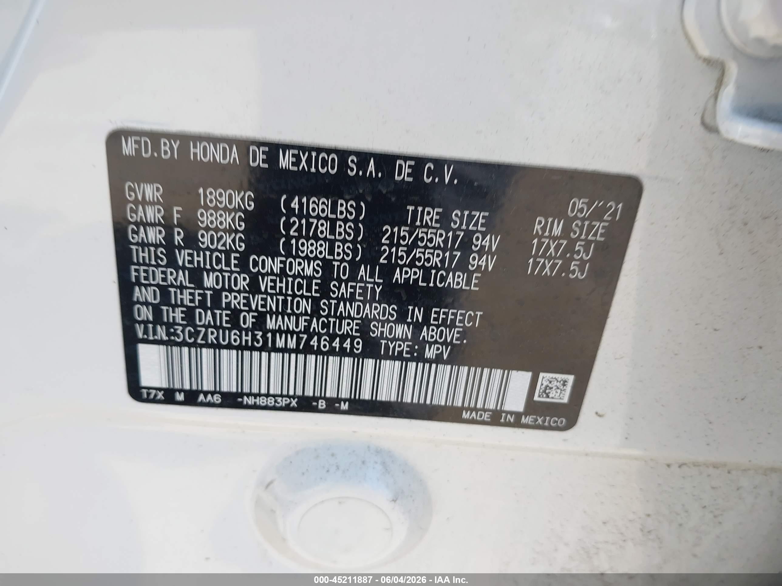 2021 Honda Hr-v Awd Lx White vin: 3CZRU6H31MM746449