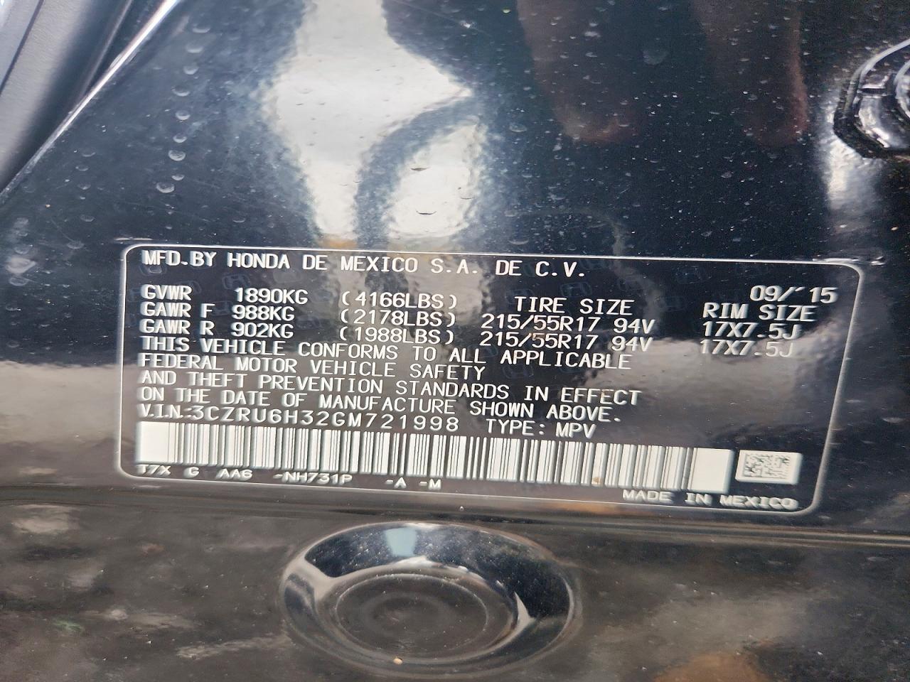 2016 Honda Hr-v Lx Black vin: 3CZRU6H32GM721998