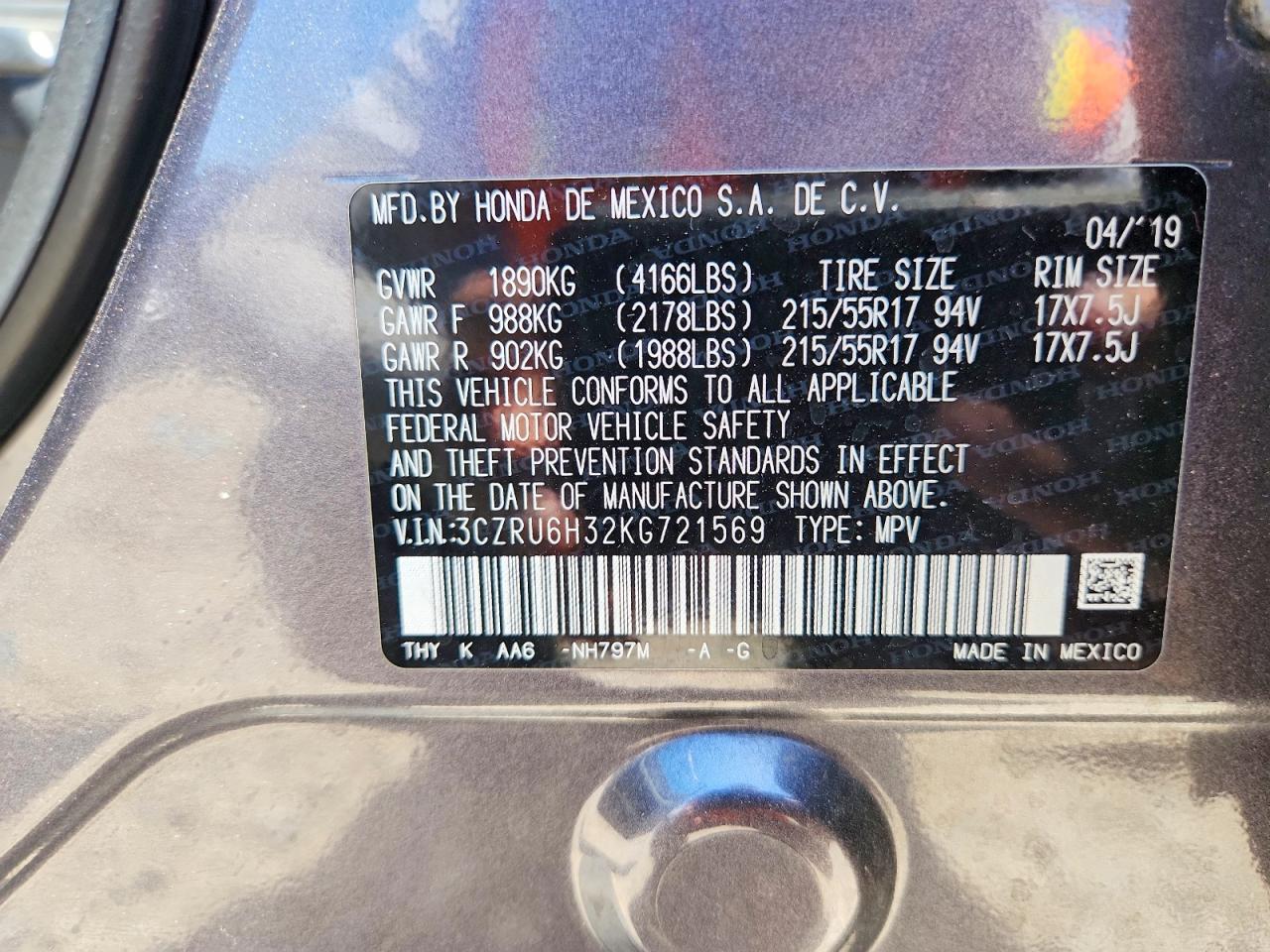 2019 Honda Hr-v Lx Charcoal vin: 3CZRU6H32KG721569