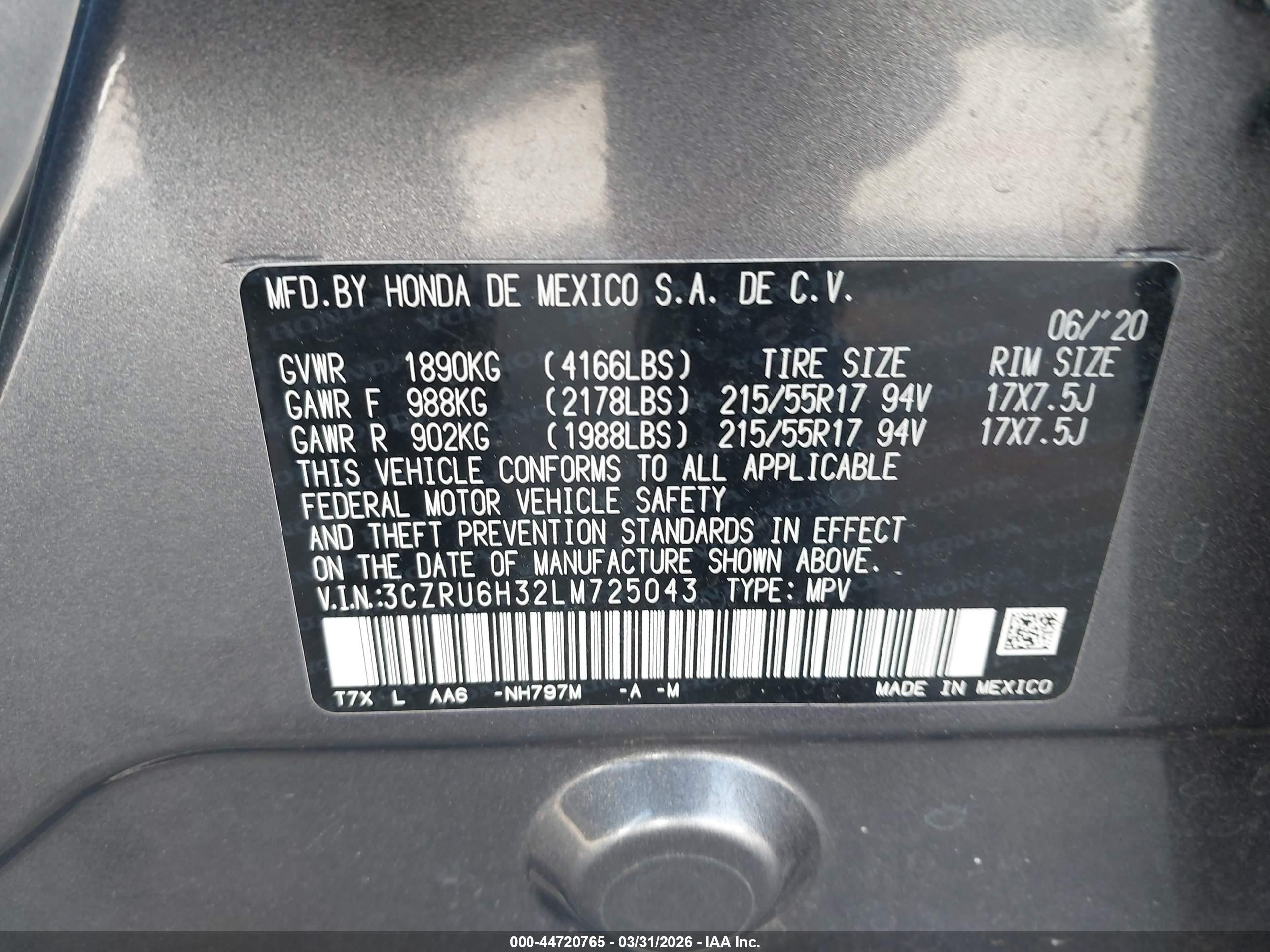 2020 Honda Hr-v Awd Lx Gray vin: 3CZRU6H32LM725043