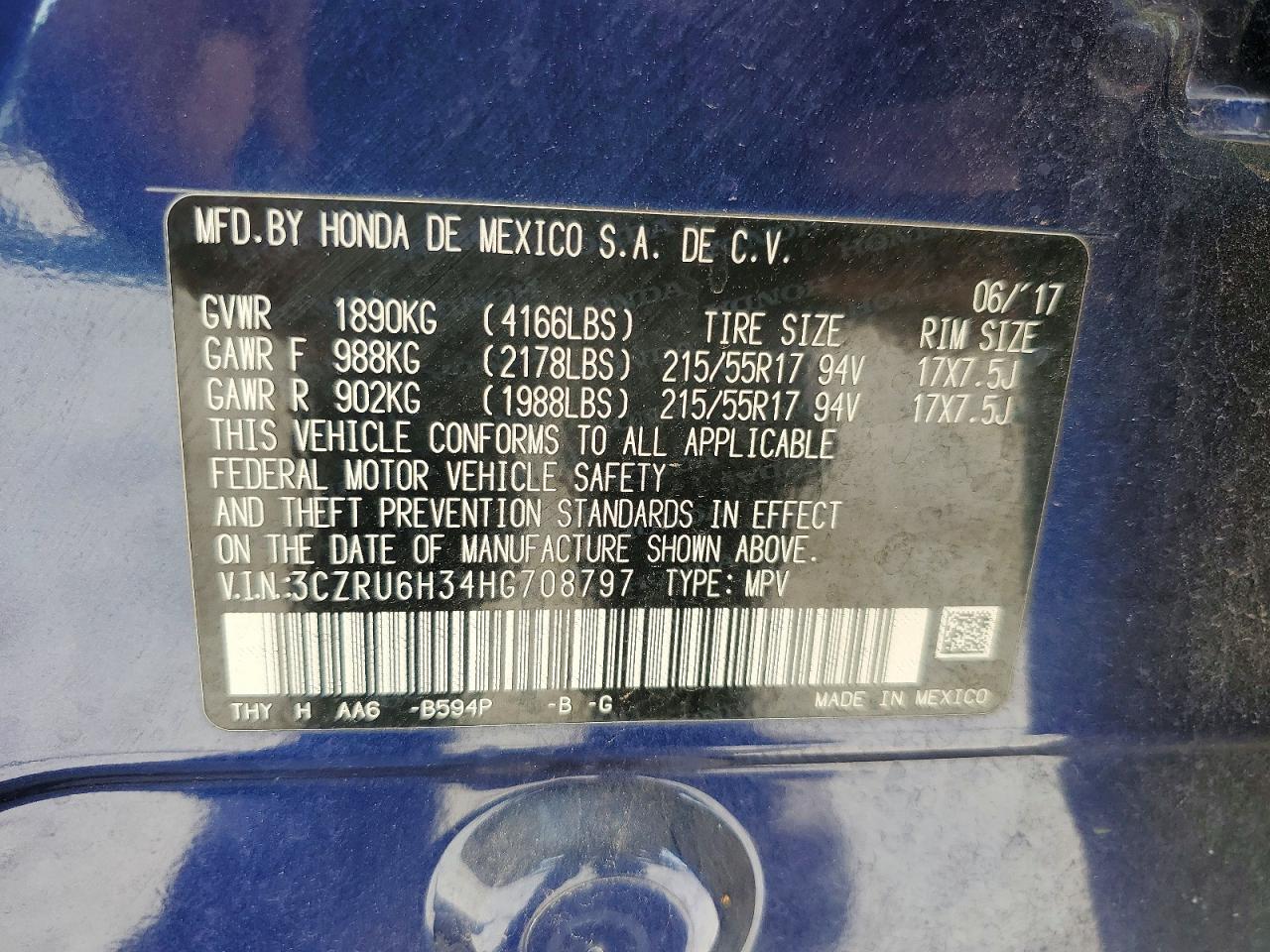 2017 Honda Hr-v Lx Blue vin: 3CZRU6H34HG708797