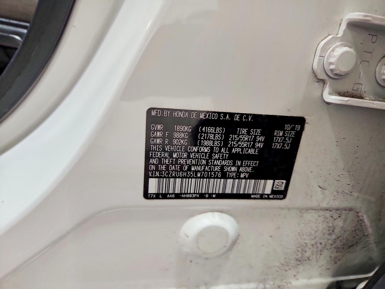 2020 Honda Hr-v Lx White vin: 3CZRU6H35LM701576