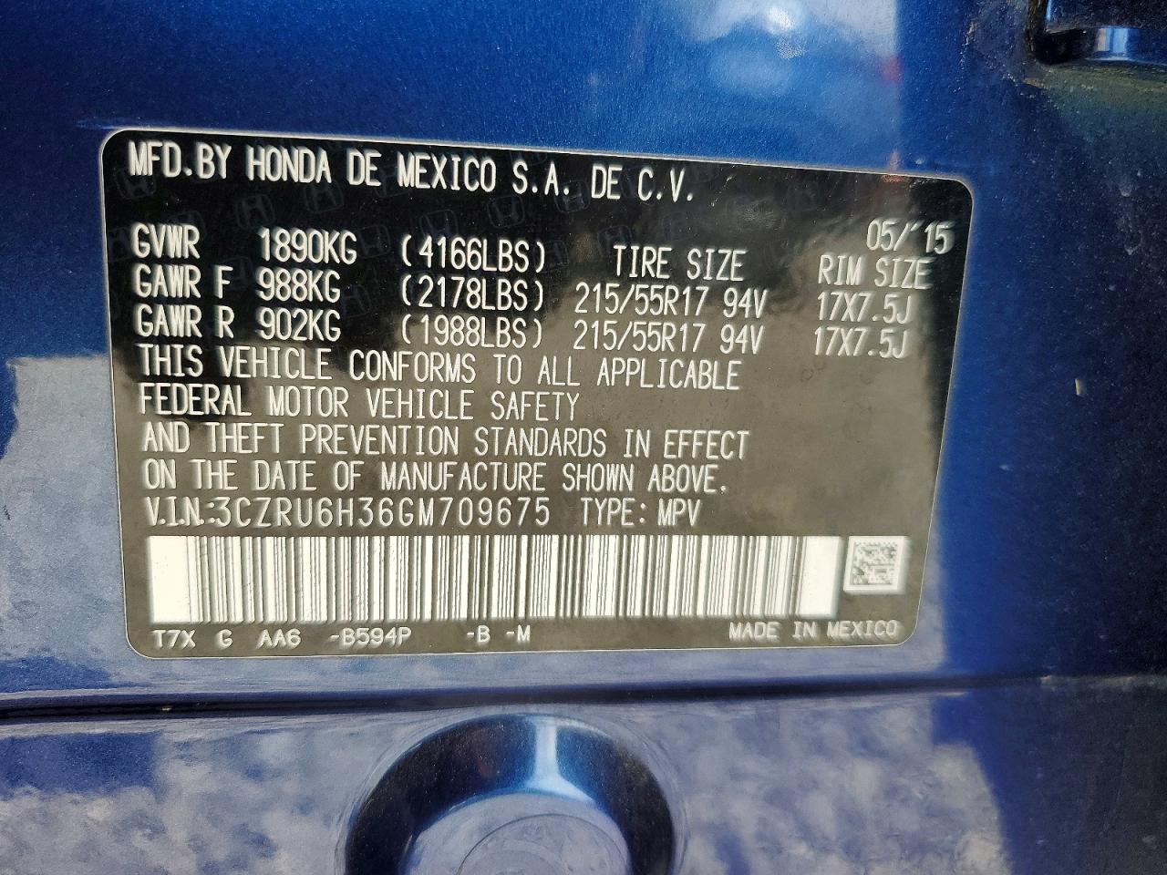 2016 Honda Hr-v Lx Blue vin: 3CZRU6H36GM709675