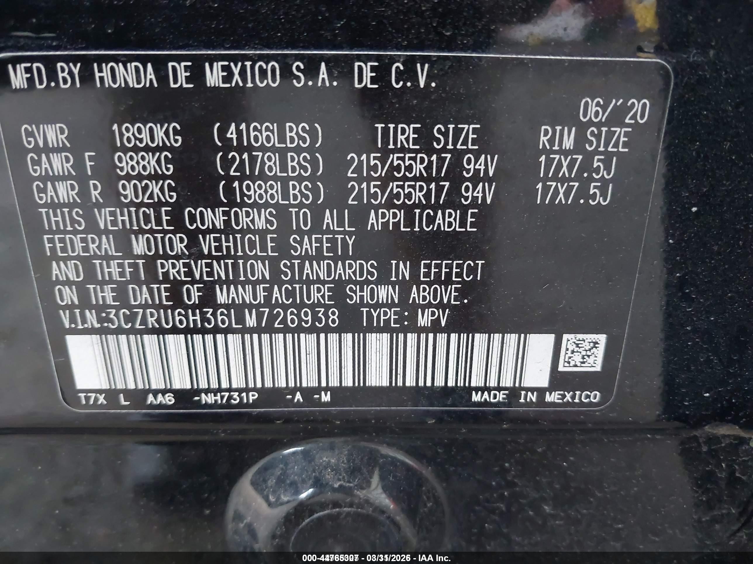 2020 Honda Hr-v Awd Lx Black vin: 3CZRU6H36LM726938