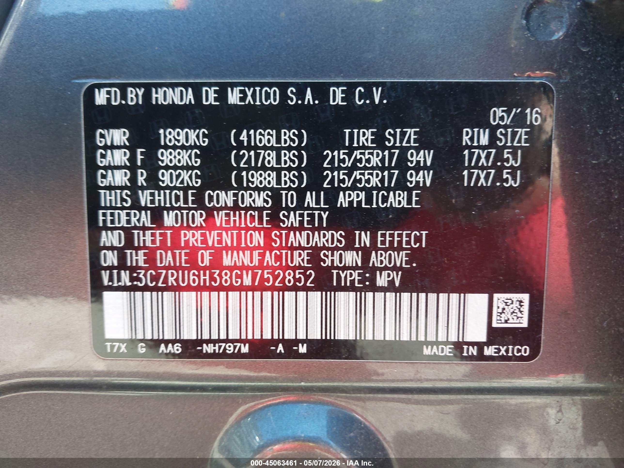 2016 Honda Hr-v Lx Gray vin: 3CZRU6H38GM752852