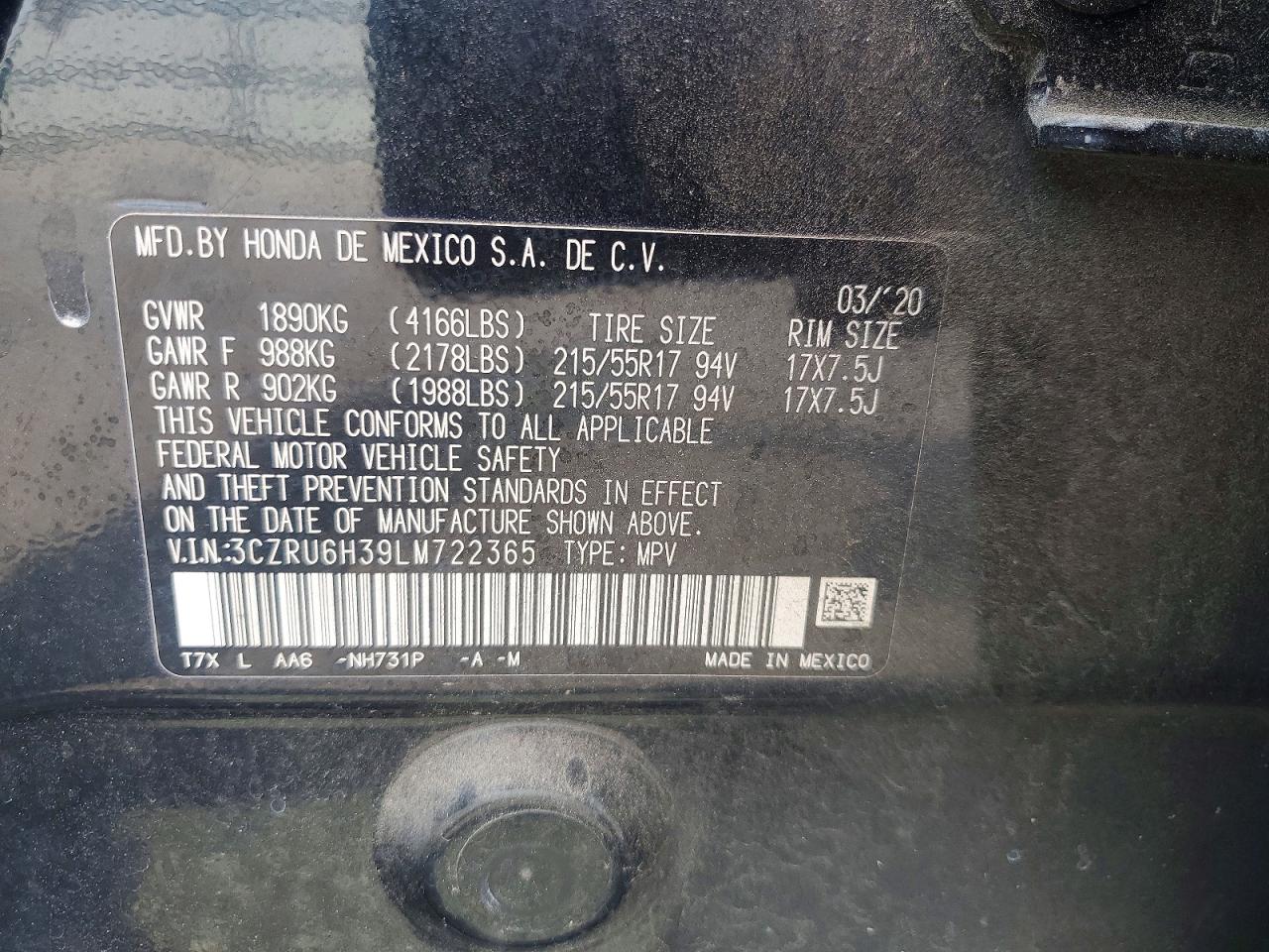 2020 Honda Hr-v Lx Black vin: 3CZRU6H39LM722365