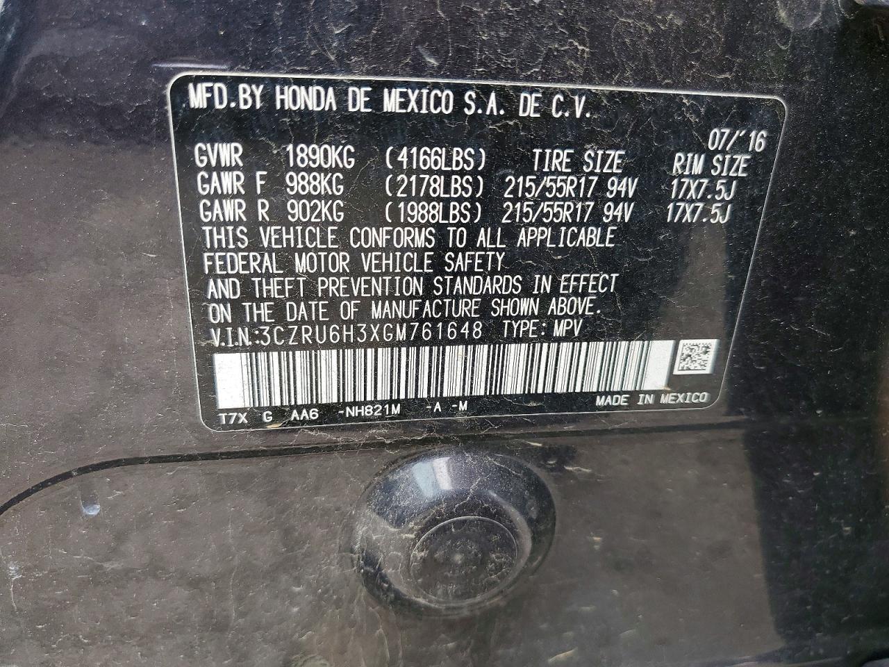 2016 Honda Hr-v Lx Charcoal vin: 3CZRU6H3XGM761648