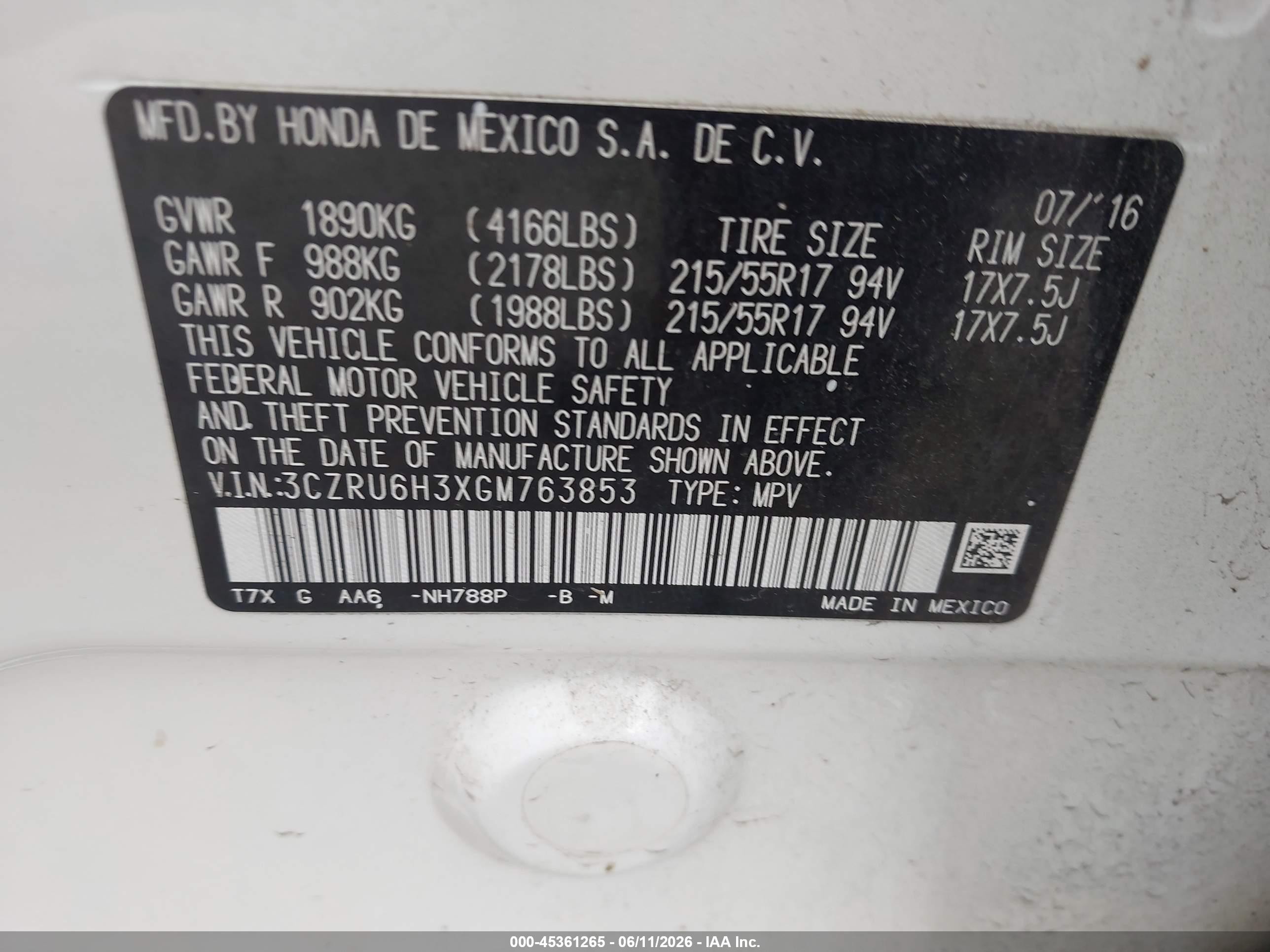 2016 Honda Hr-v Lx White vin: 3CZRU6H3XGM763853