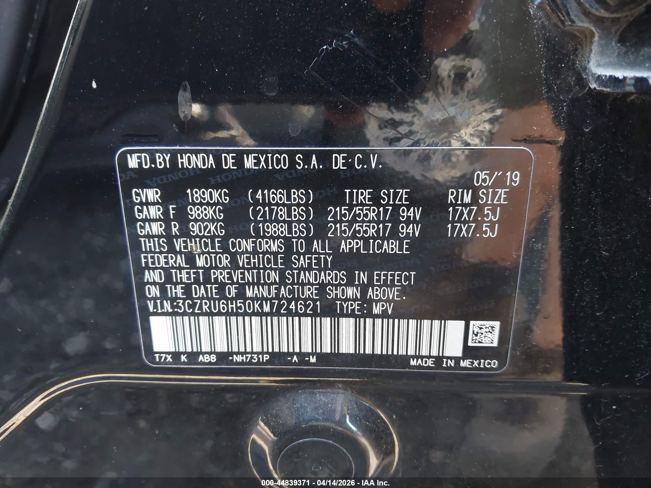 2019 Honda Hr-v Ex Black vin: 3CZRU6H50KM724621