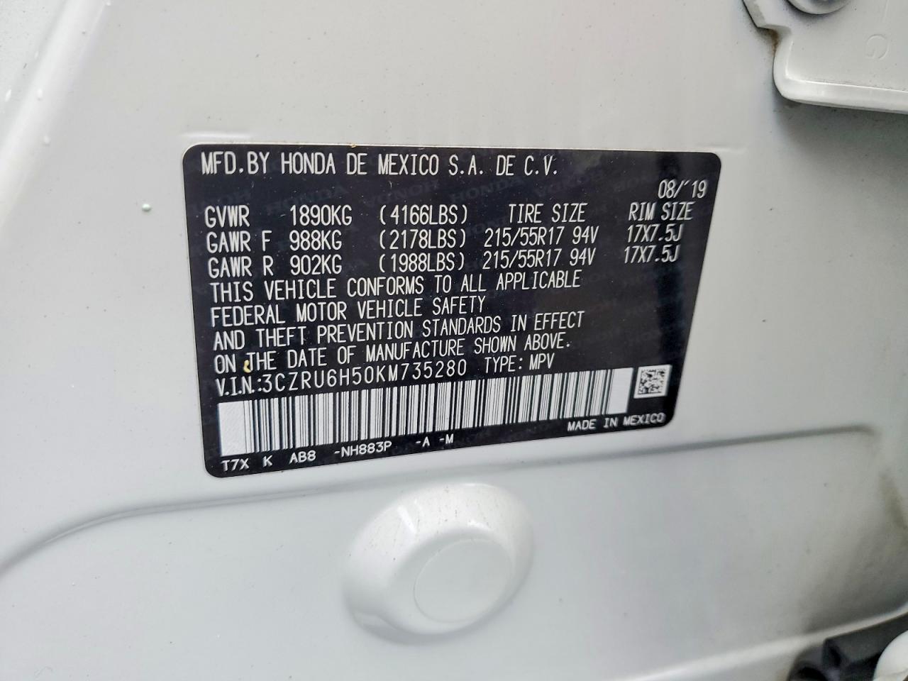2019 Honda Hr-v Ex White vin: 3CZRU6H50KM735280