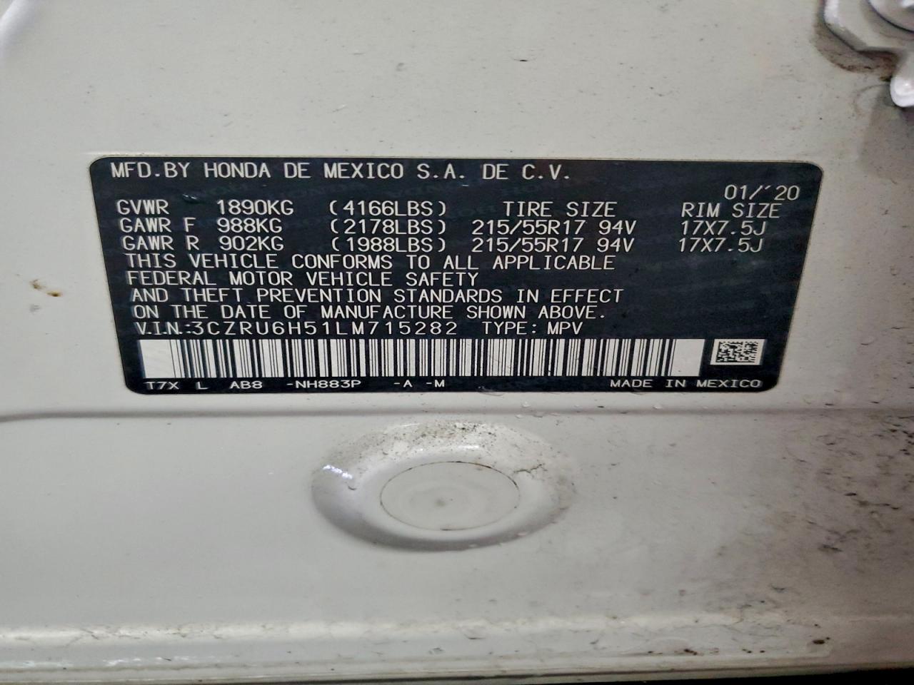 2020 Honda Hr-v Ex White vin: 3CZRU6H51LM715282