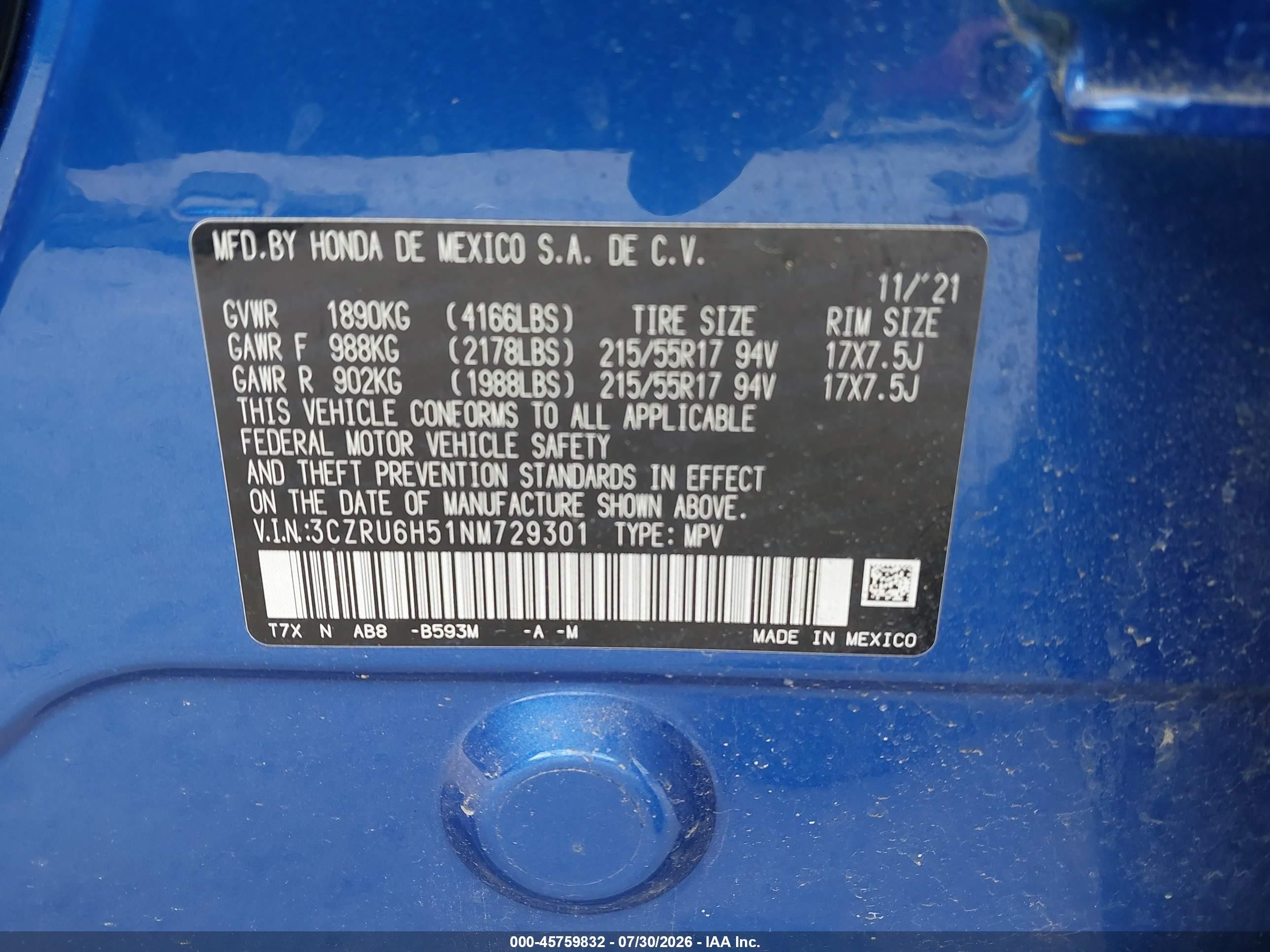 2022 Honda Hr-v Awd Ex Blue vin: 3CZRU6H51NM729301