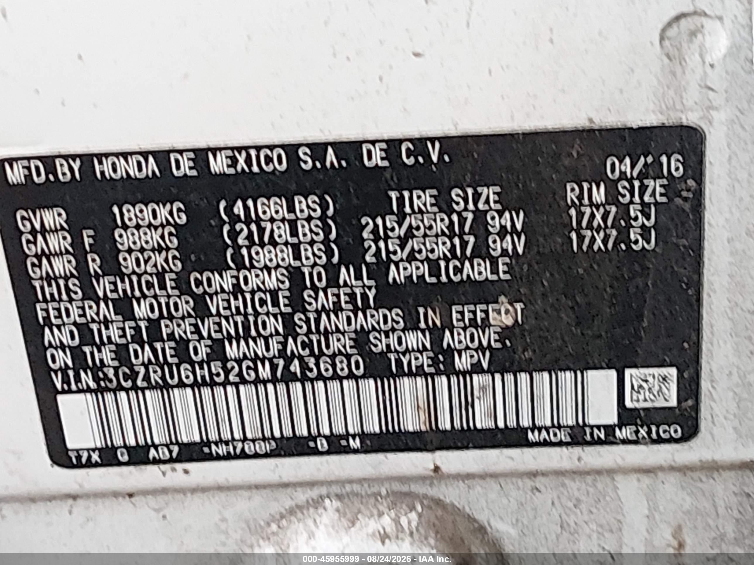 2016 Honda Hr-v Ex White vin: 3CZRU6H52GM743680