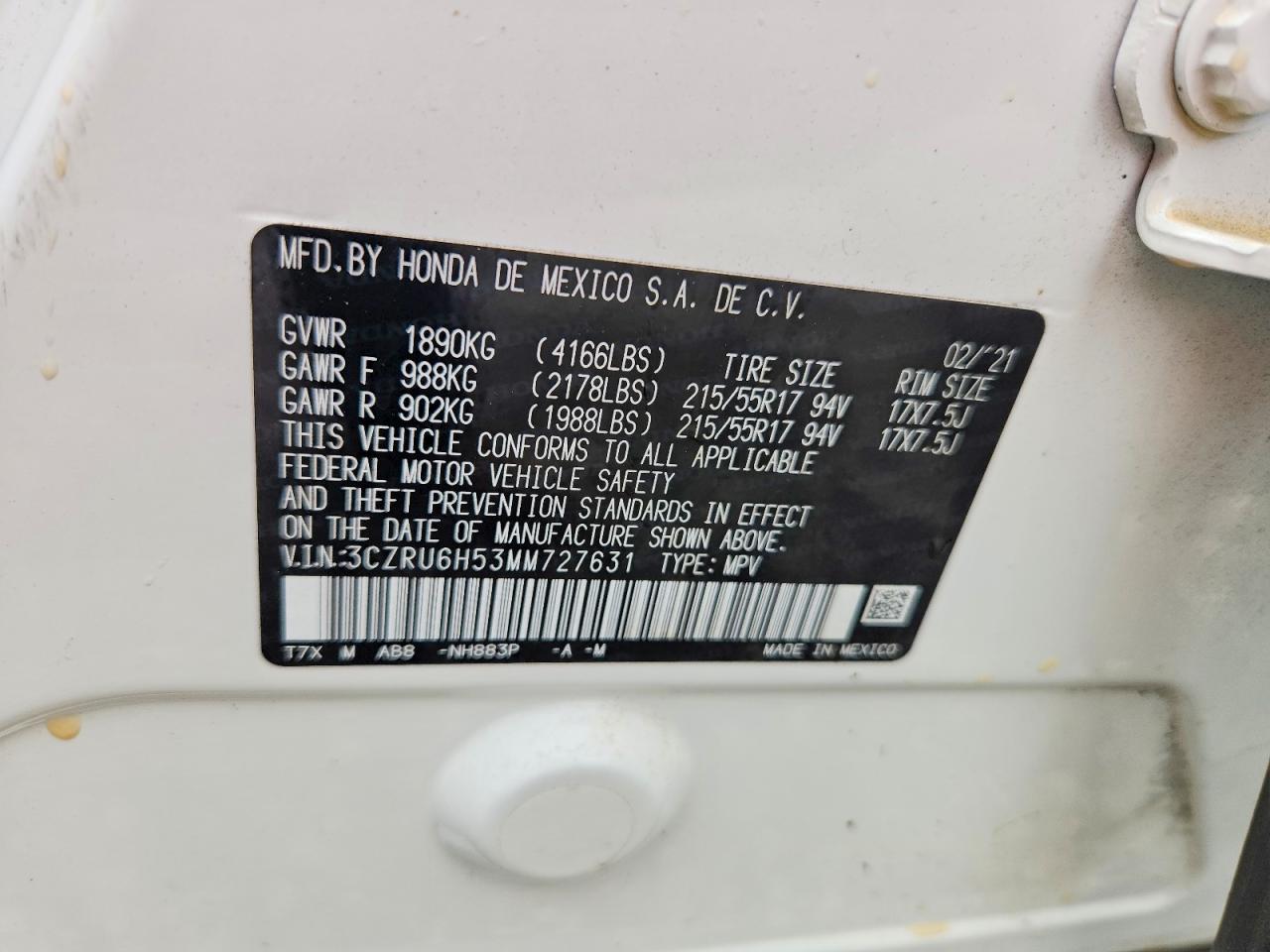 2021 Honda Hr-v Ex White vin: 3CZRU6H53MM727631