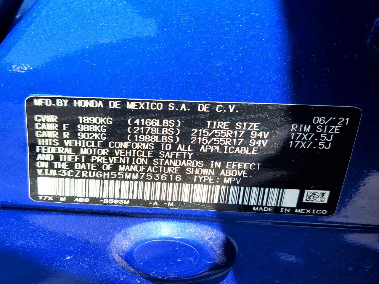 2021 Honda Hr-v Ex Blue vin: 3CZRU6H55MM753616