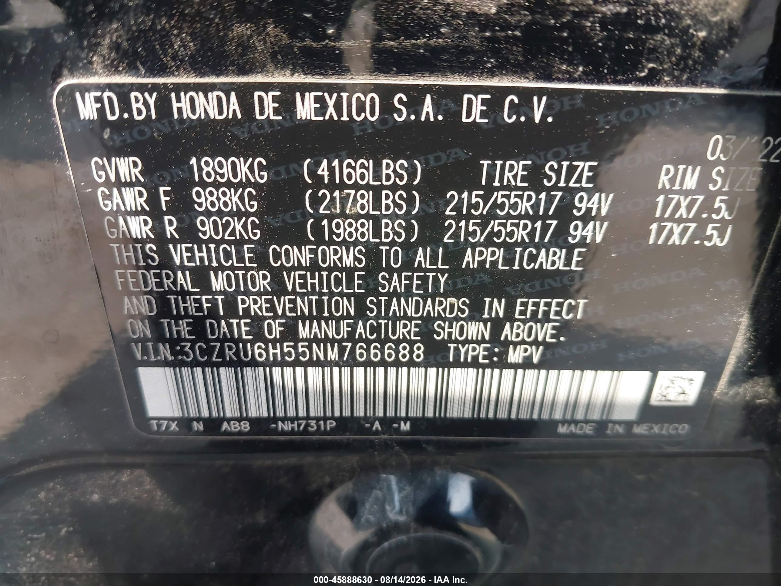 2022 Honda Hr-v Awd Ex Black vin: 3CZRU6H55NM766688