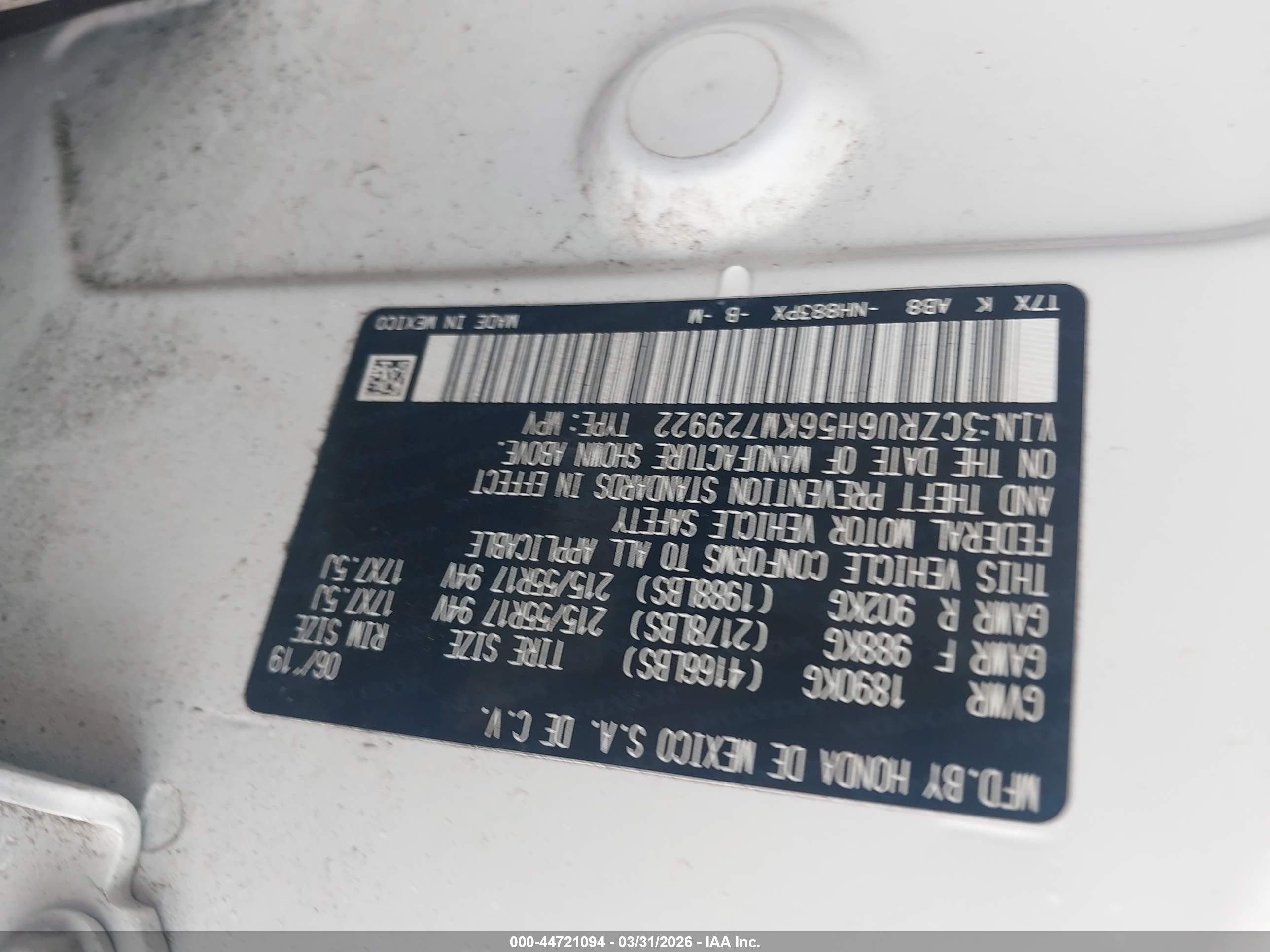 2019 Honda Hr-v Ex White vin: 3CZRU6H56KM729922