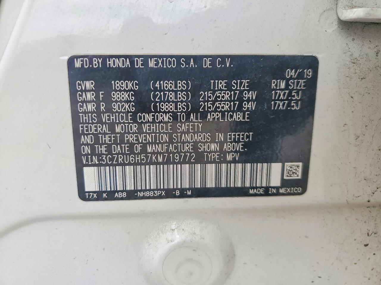 2019 Honda Hr-v Ex White vin: 3CZRU6H57KM719772