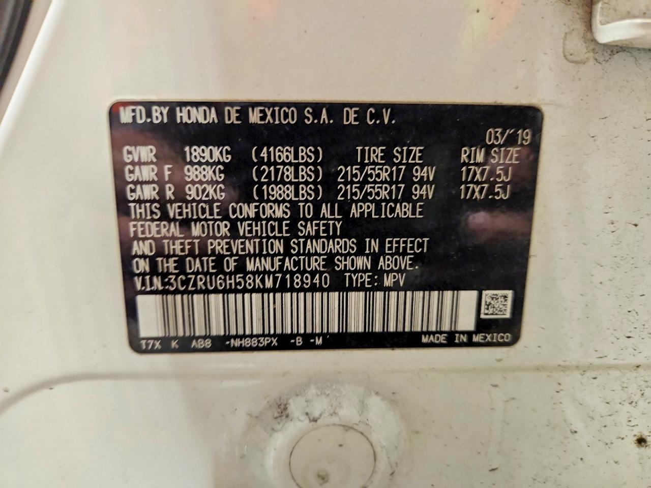 2019 Honda Hr-v Ex White vin: 3CZRU6H58KM718940