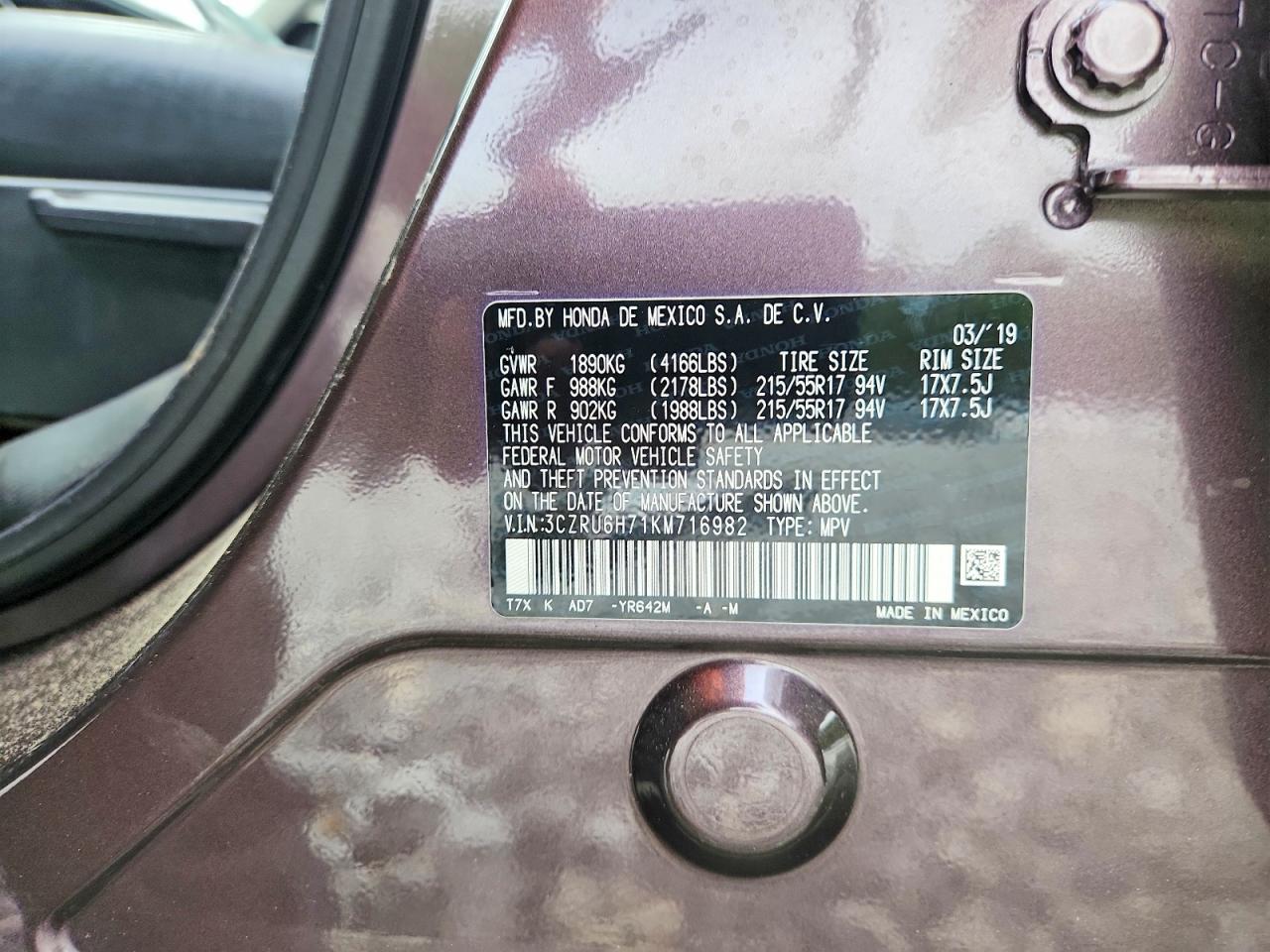 2019 Honda Hr-v Exl Maroon vin: 3CZRU6H71KM716982