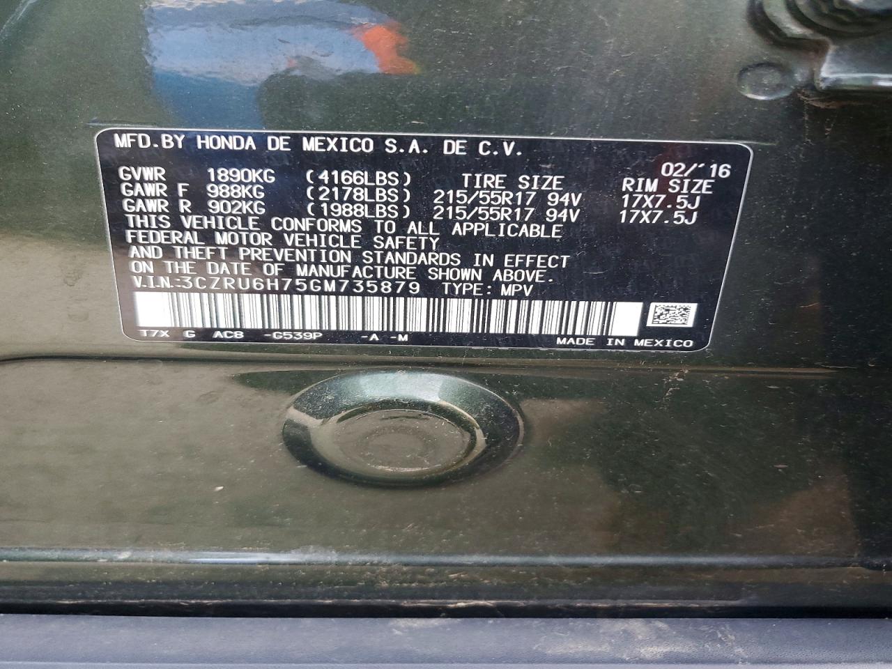 2016 Honda Hr-v Exl Green vin: 3CZRU6H75GM735879