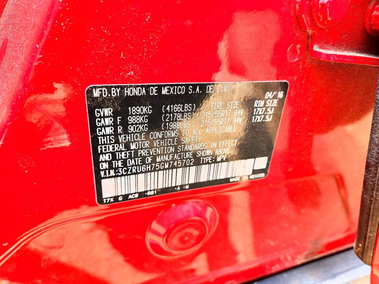 2016 Honda Hr-v Exl Red vin: 3CZRU6H75GM745702