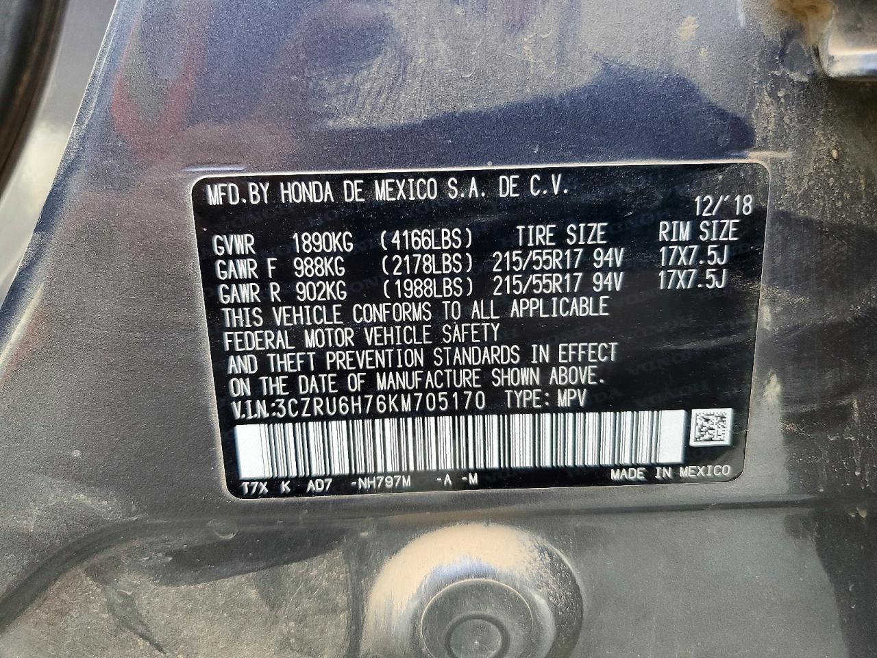 2019 Honda Hr-v Exl Gray vin: 3CZRU6H76KM705170
