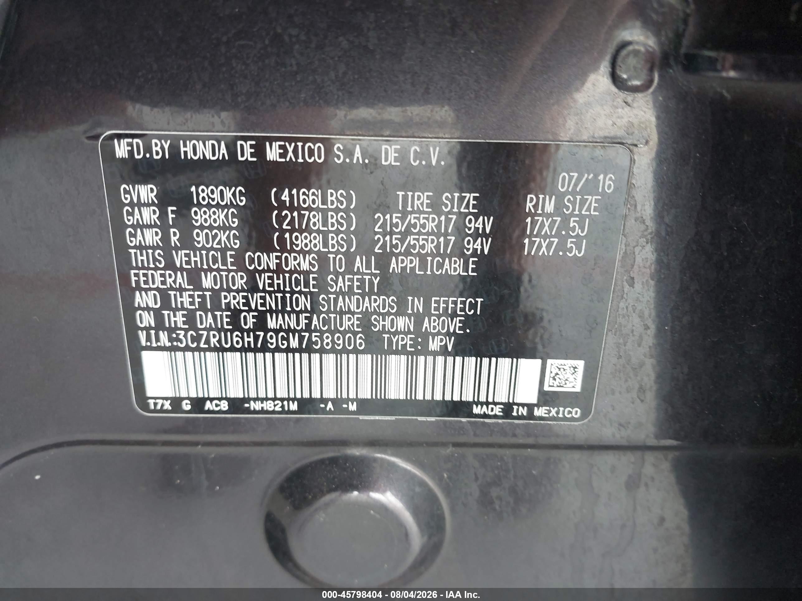2016 Honda Hr-v Ex-l Gray vin: 3CZRU6H79GM758906