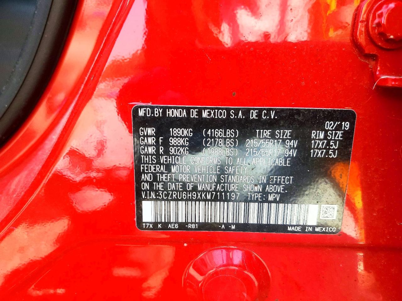 2019 Honda Hr-v Touring Red vin: 3CZRU6H9XKM711197