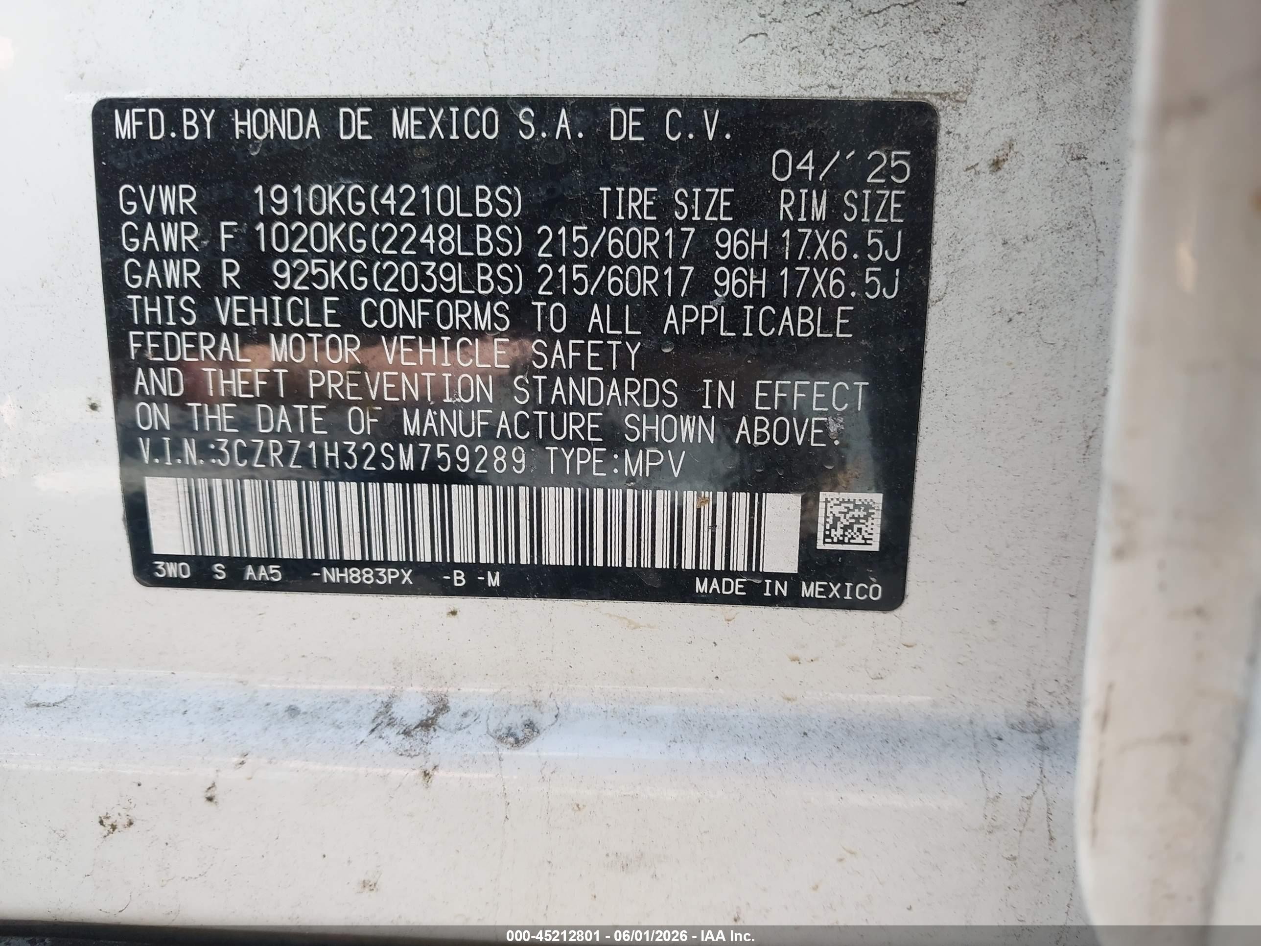 2025 Honda Hr-v 2wd Lx White vin: 3CZRZ1H32SM759289