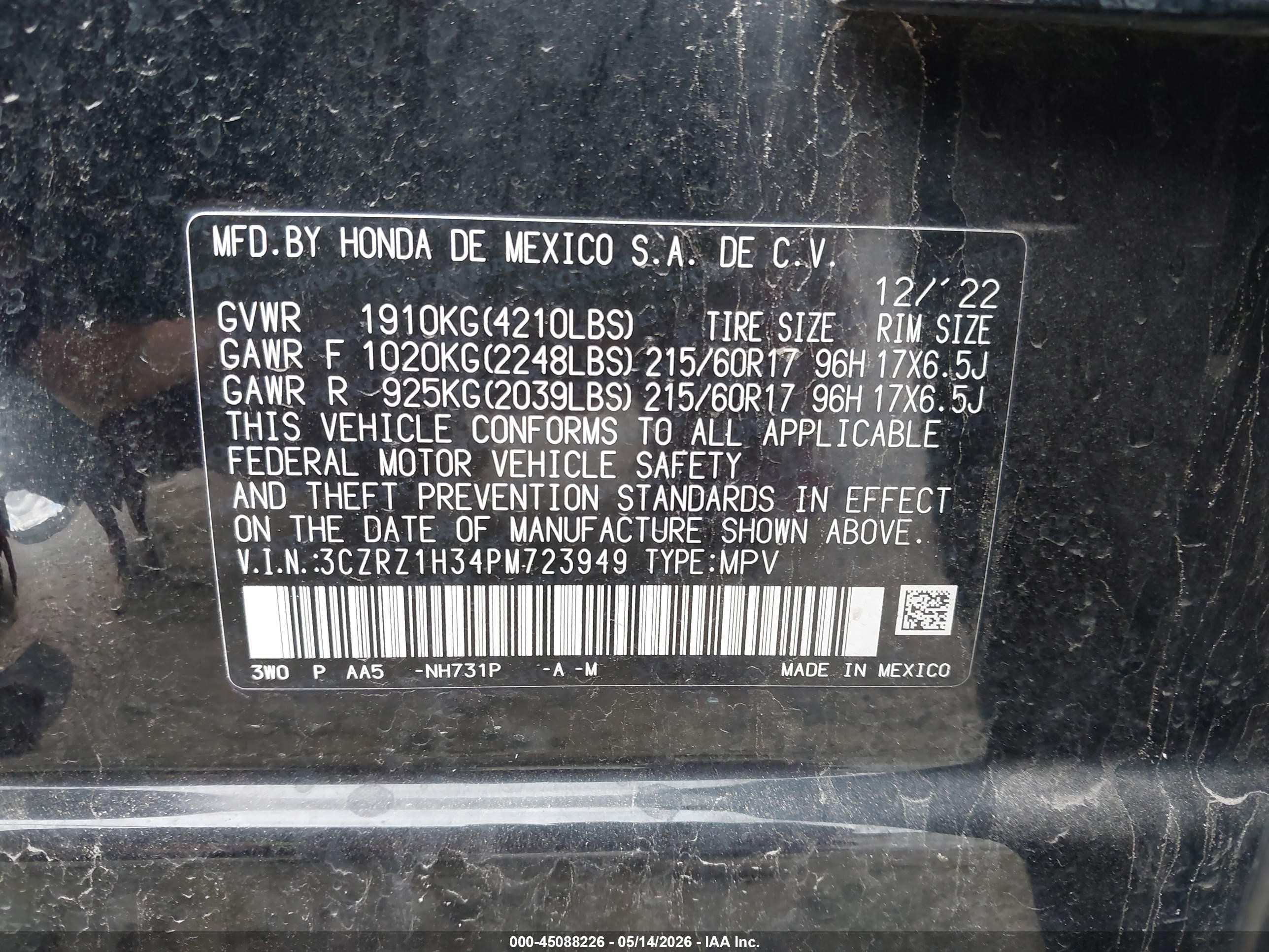 2023 Honda Hr-v 2wd Lx Black vin: 3CZRZ1H34PM723949