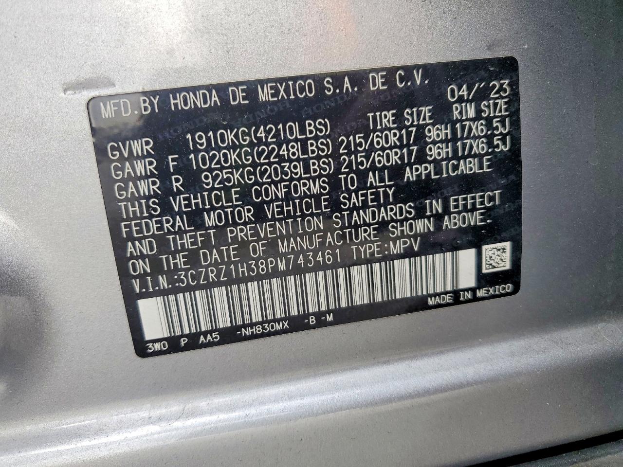 2023 Honda Hr-v Lx Silver vin: 3CZRZ1H38PM743461