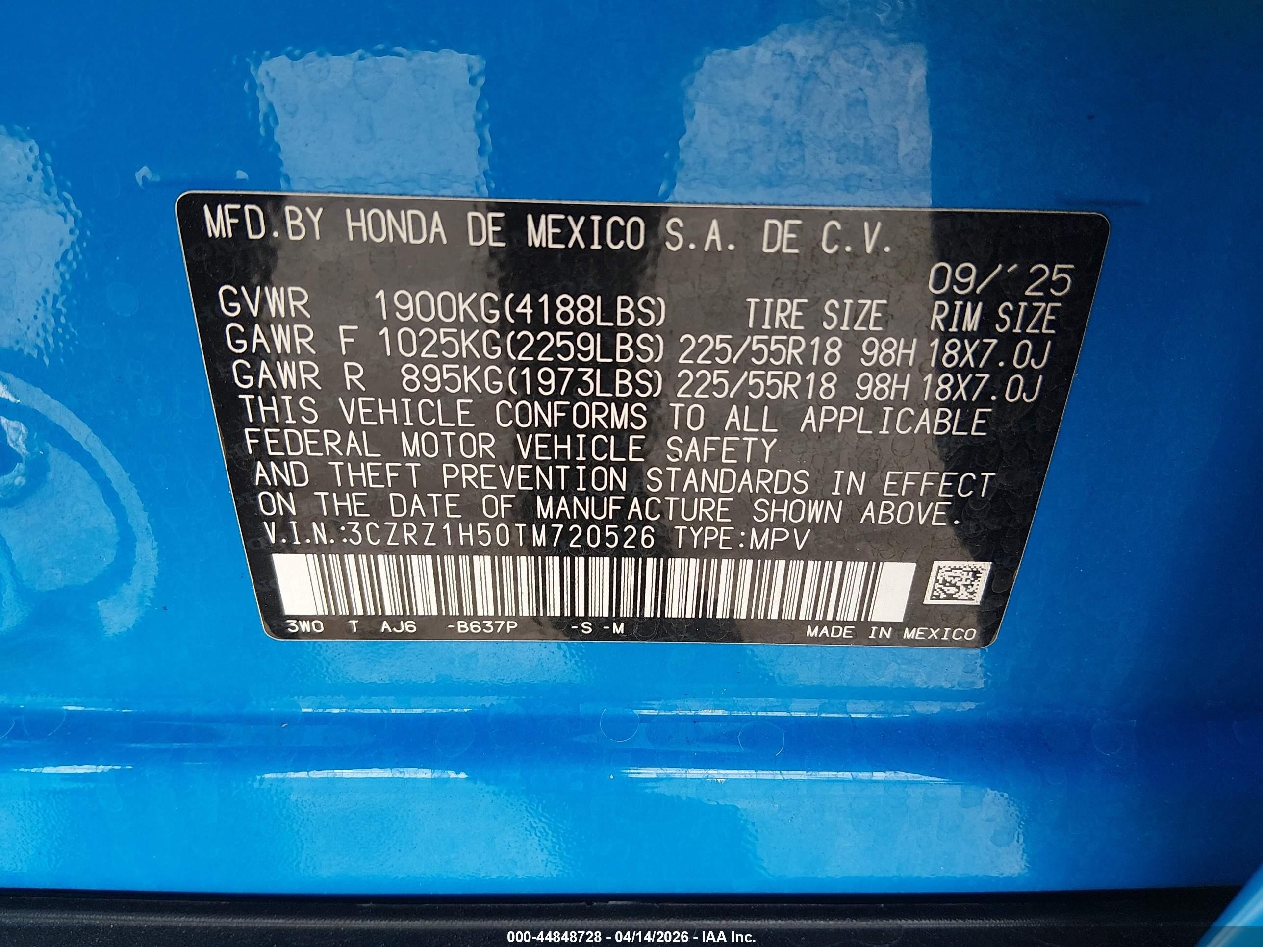 2026 Honda Hr-v 2wd Sport Blue vin: 3CZRZ1H50TM720526