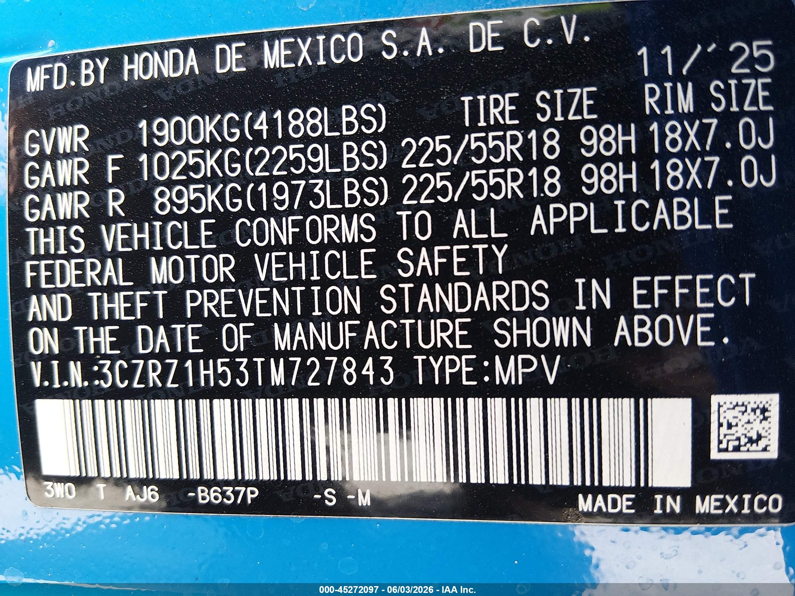 2026 Honda Hr-v 2wd Sport Blue vin: 3CZRZ1H53TM727843
