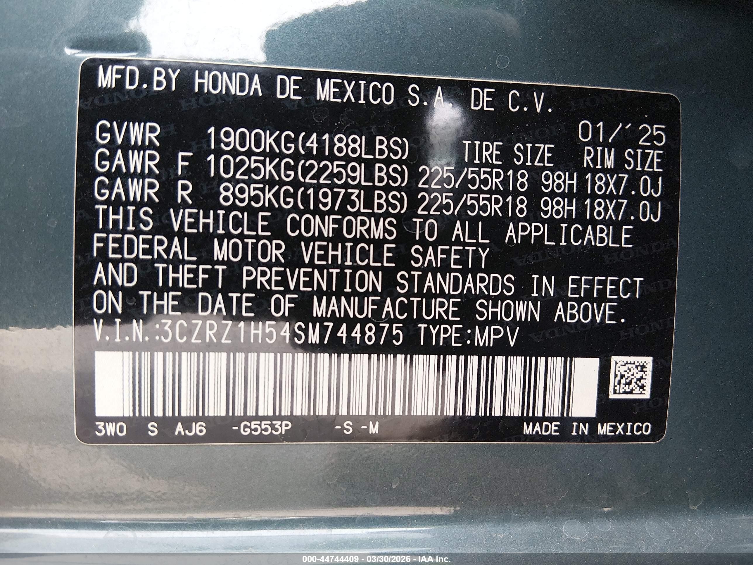2025 Honda Hr-v 2wd Sport Blue vin: 3CZRZ1H54SM744875