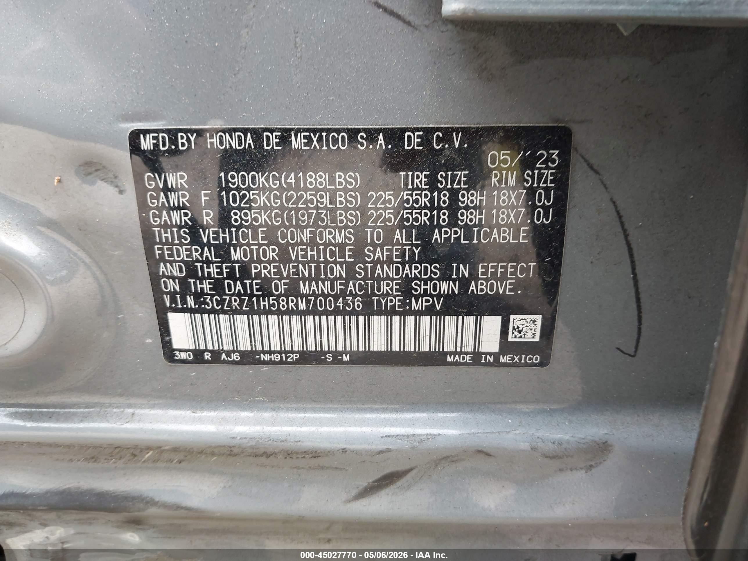 2024 Honda Hr-v 2wd Sport/2wd Sport W/o Bsi Серый vin: 3CZRZ1H58RM700436