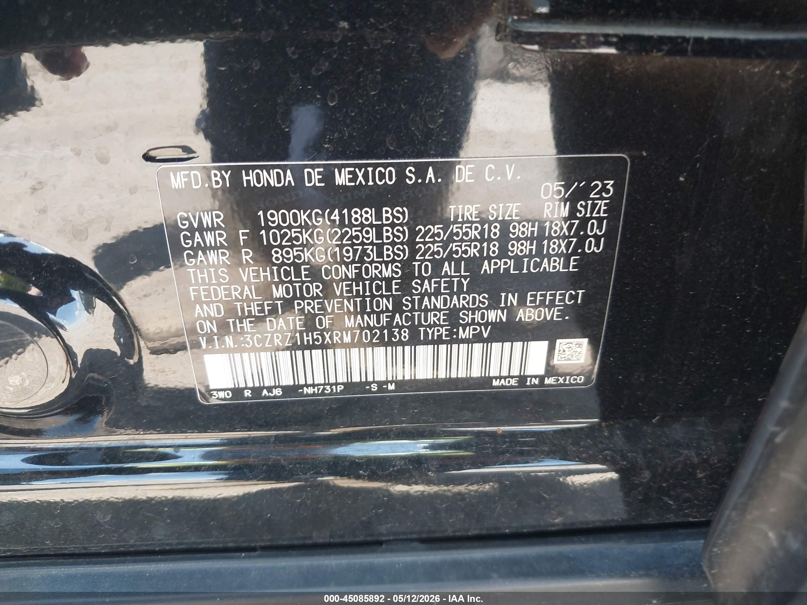 2024 Honda Hr-v 2wd Sport/2wd Sport W/o Bsi Black vin: 3CZRZ1H5XRM702138