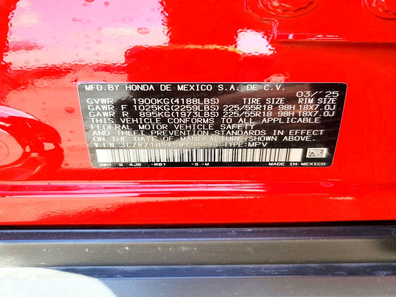 2025 Honda Hr-v Sport Red vin: 3CZRZ1H5XSM751796