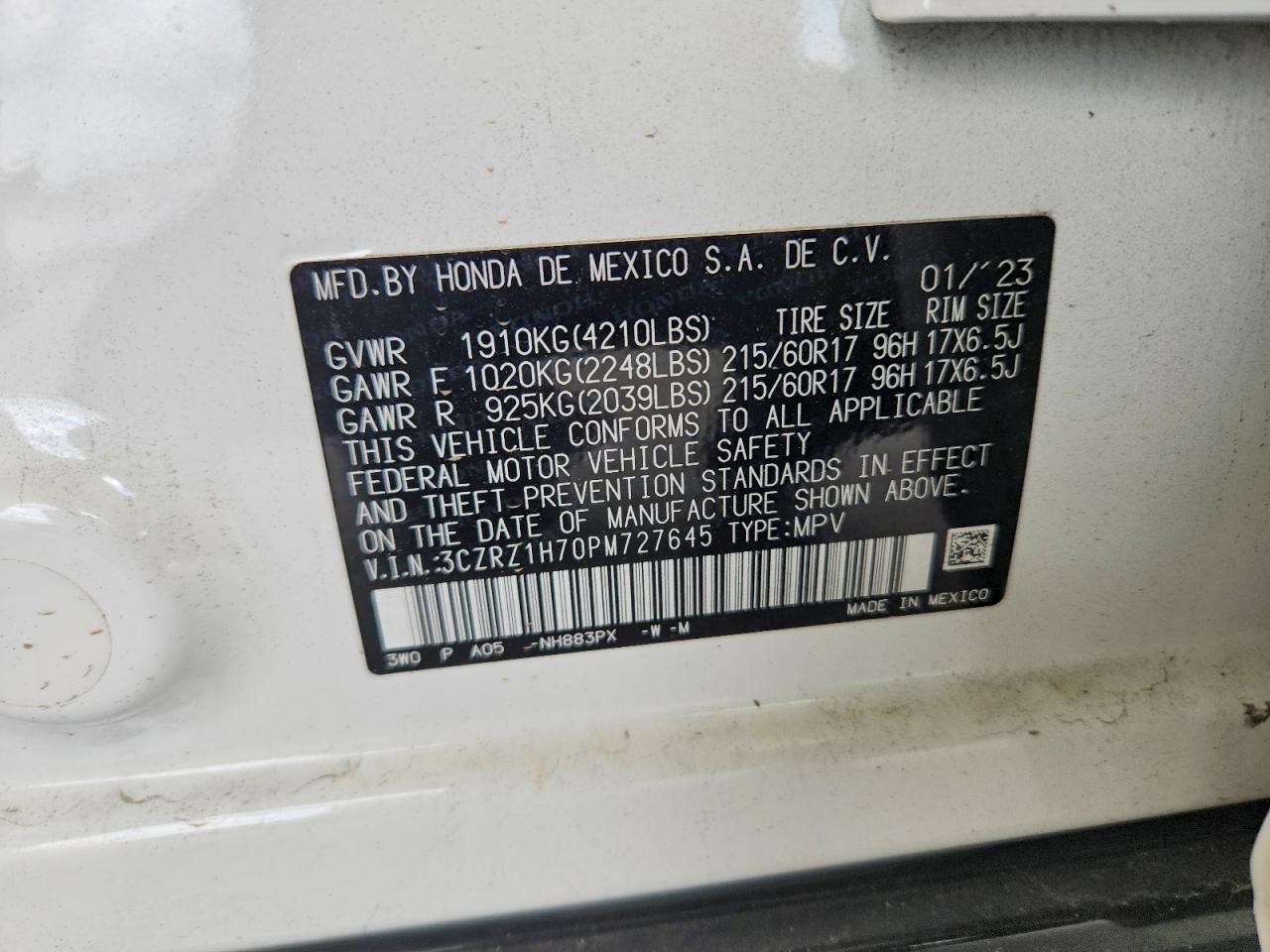 2023 Honda Hr-v Exl White vin: 3CZRZ1H70PM727645