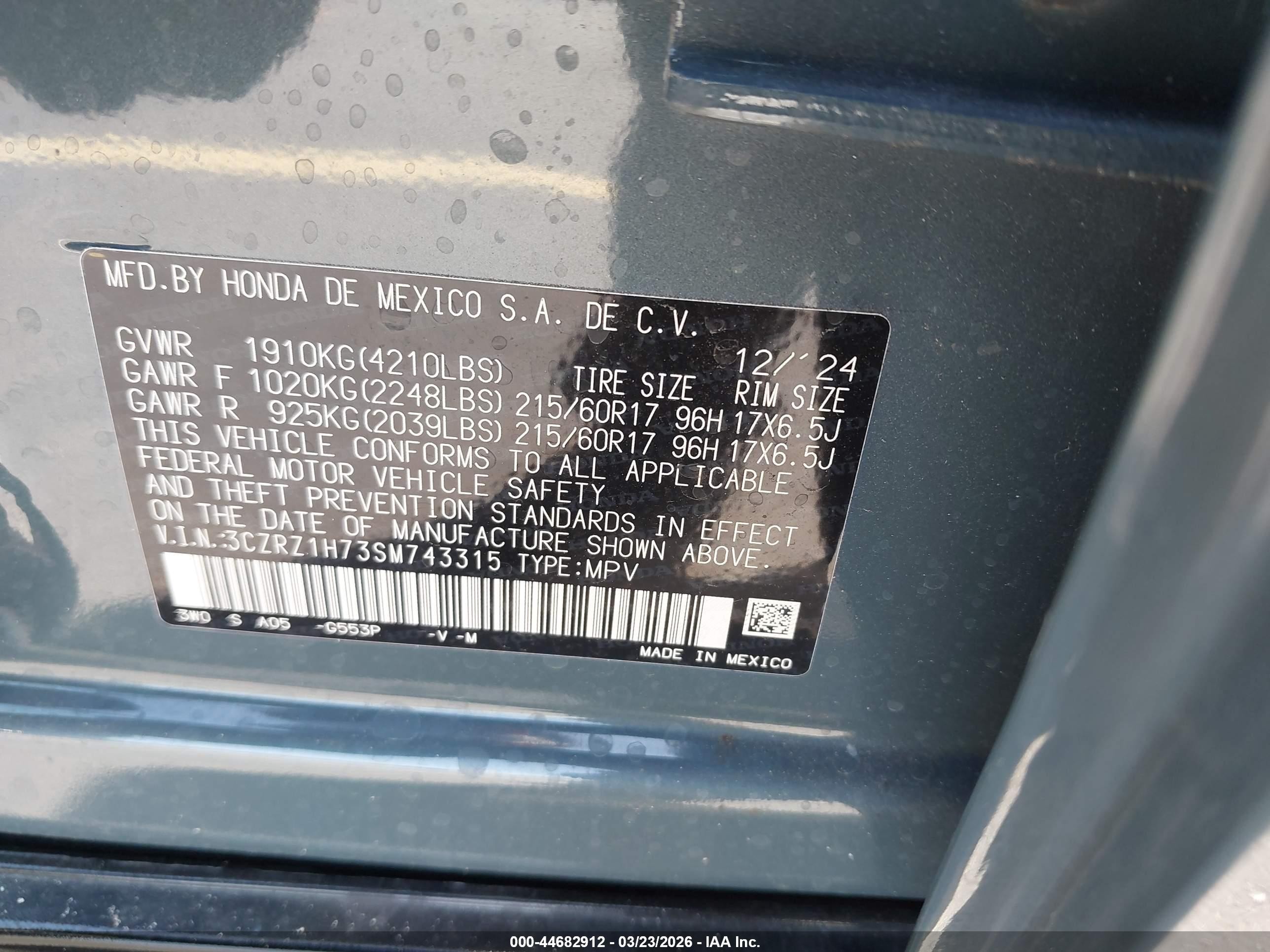2025 Honda Hr-v 2wd Ex-l Green vin: 3CZRZ1H73SM743315