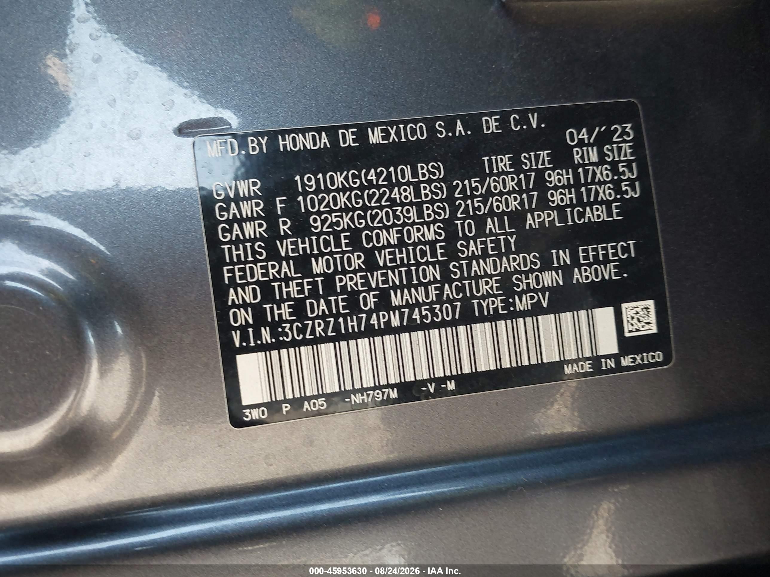 2023 Honda Hr-v 2wd Ex-l Gray vin: 3CZRZ1H74PM745307