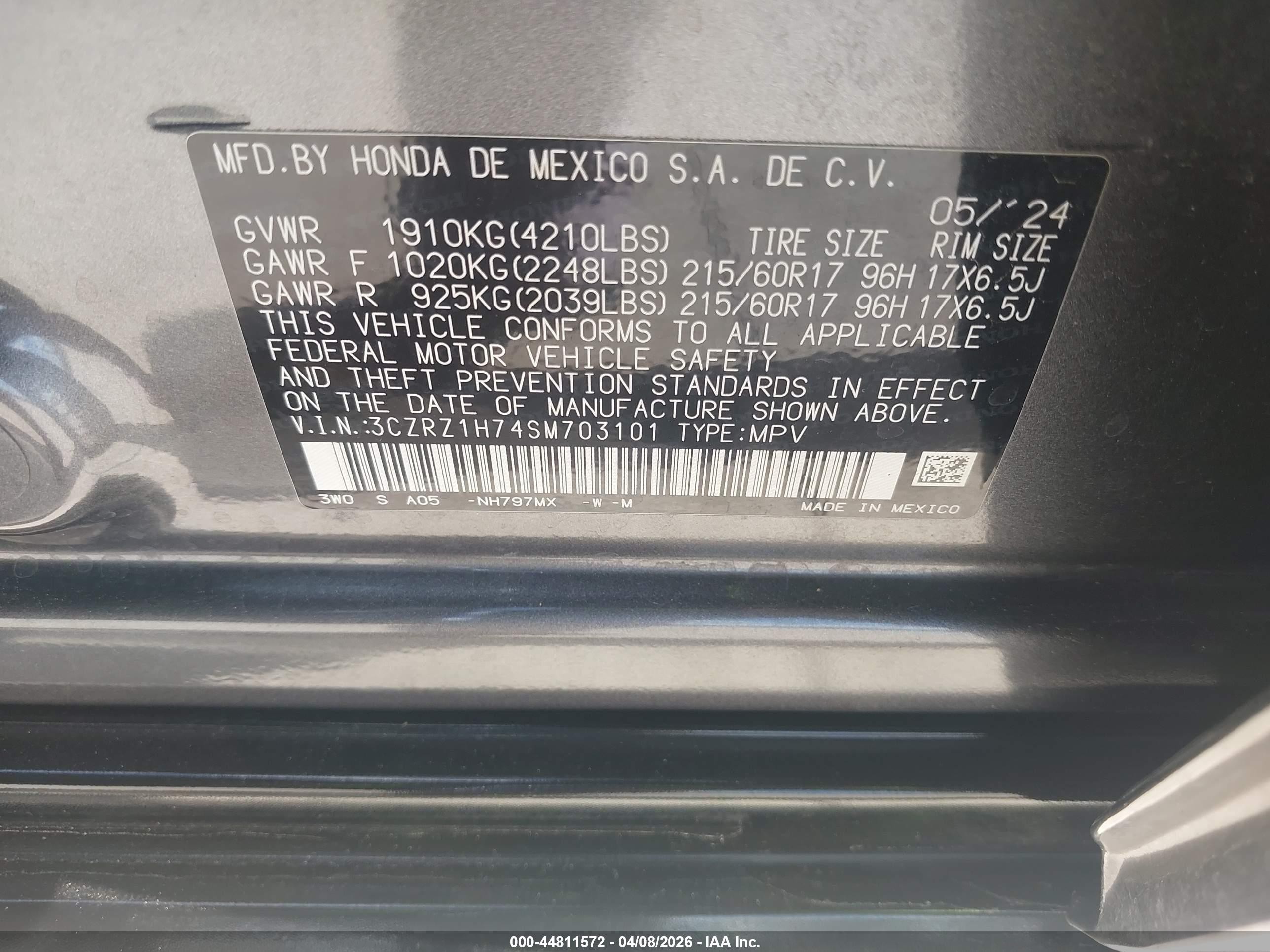 2025 Honda Hr-v 2wd Ex-l Gray vin: 3CZRZ1H74SM703101