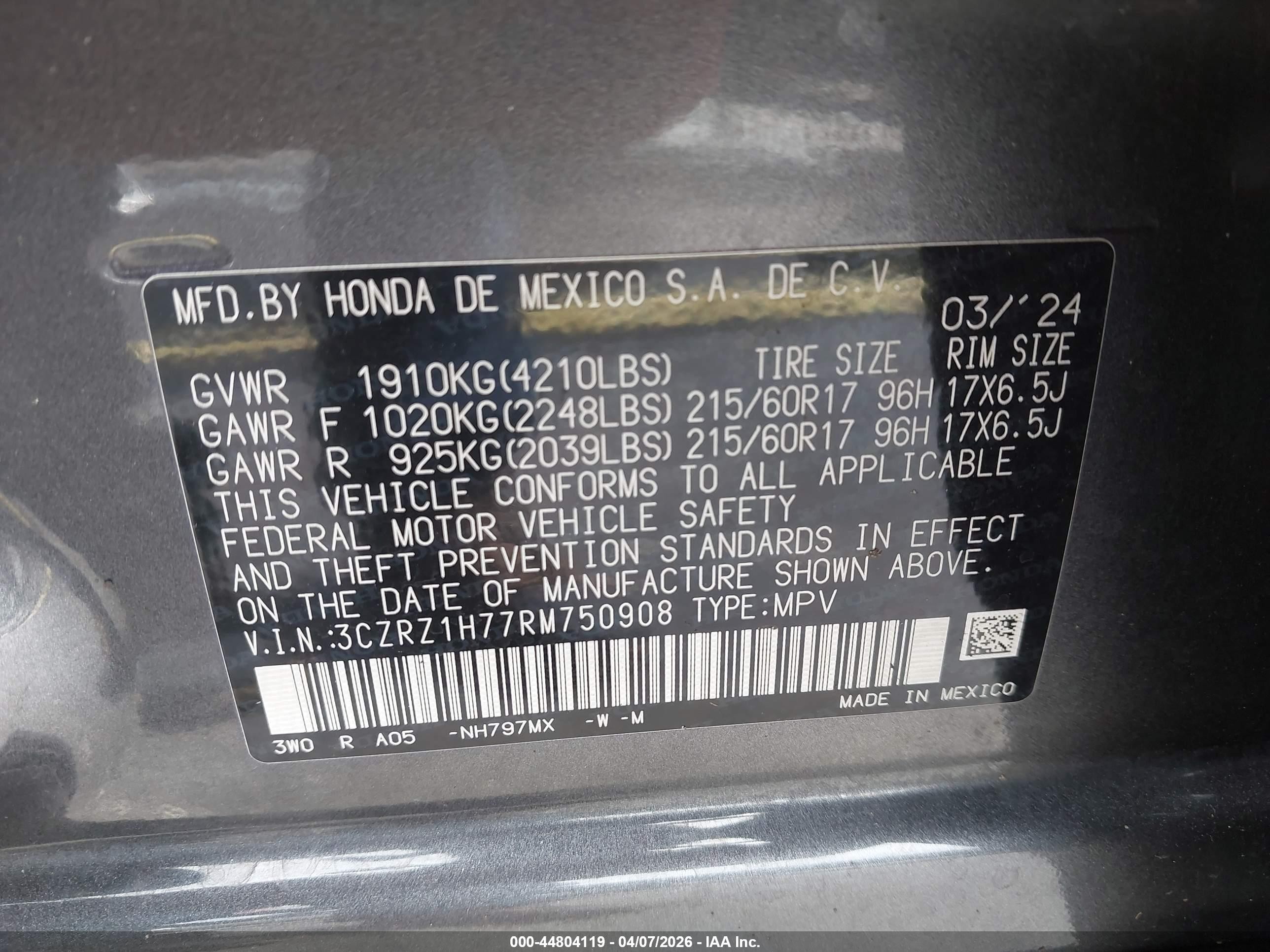 2024 Honda Hr-v 2wd Ex-l/2wd Ex-l W/o Bsi Gray vin: 3CZRZ1H77RM750908