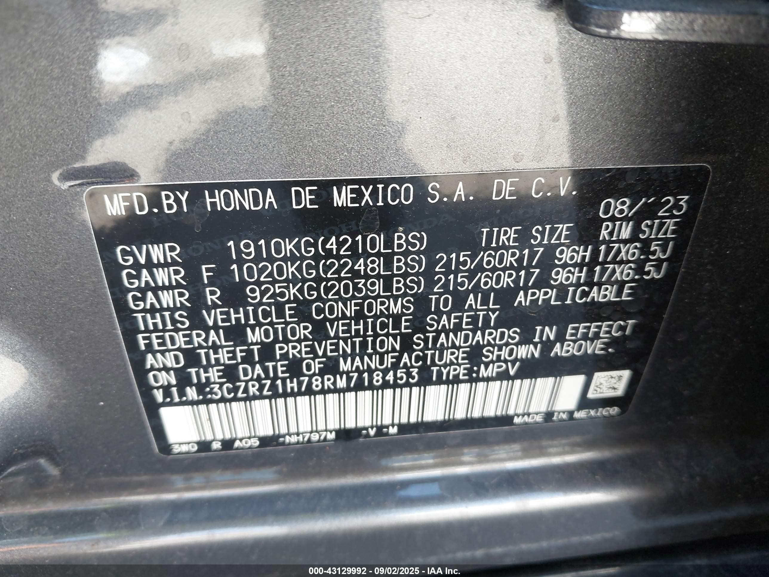 2024 Honda Hr-v 2wd Ex-l/2wd Ex-l W/o Bsi Gray vin: 3CZRZ1H78RM718453