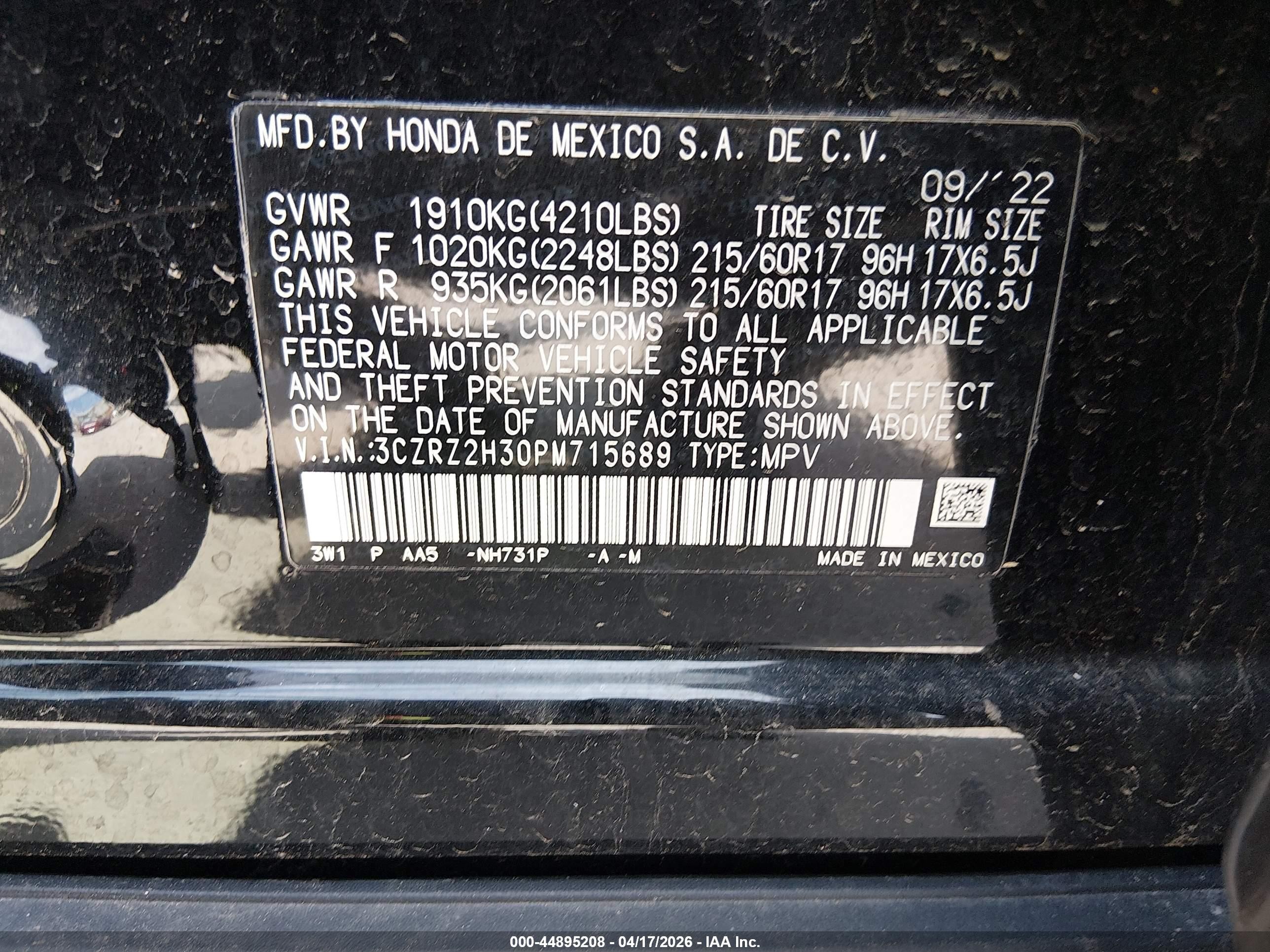 2023 Honda Hr-v Awd Lx Black vin: 3CZRZ2H30PM715689