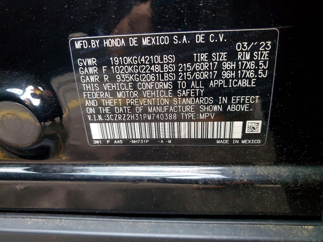2023 Honda Hr-v Lx Black vin: 3CZRZ2H31PM740388