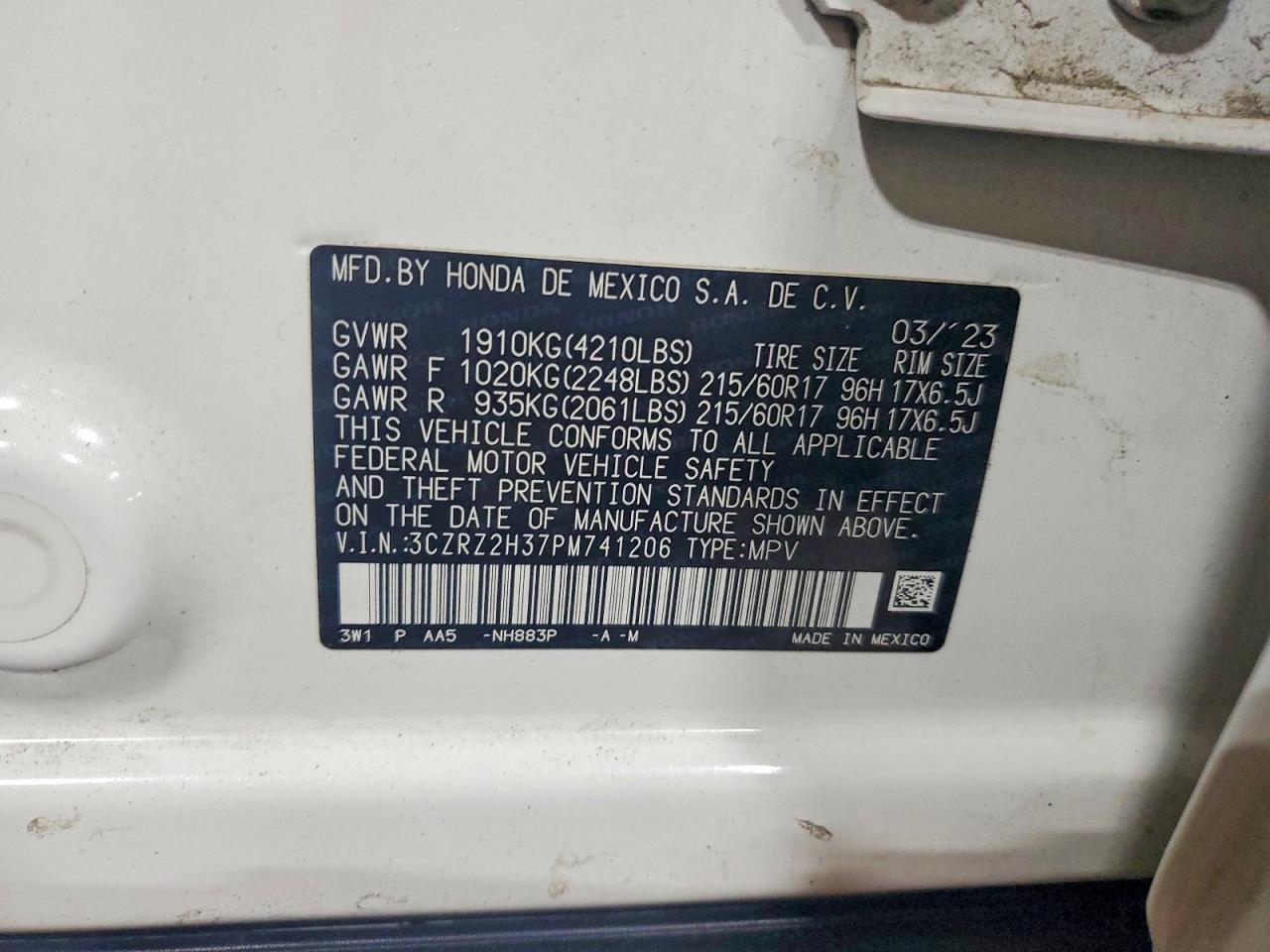 2023 Honda Hr-v Lx White vin: 3CZRZ2H37PM741206