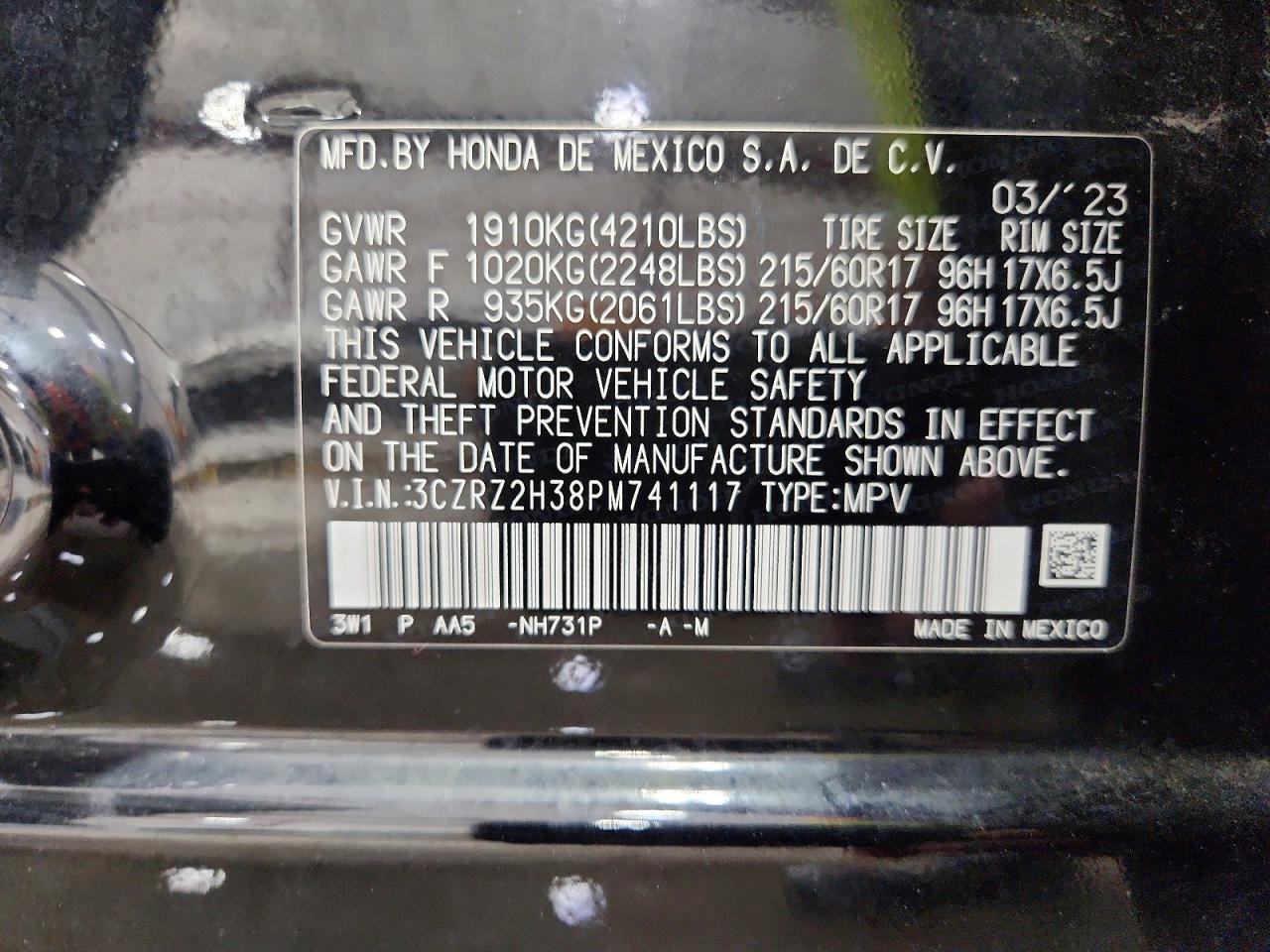 2023 Honda Hr-v Lx Black vin: 3CZRZ2H38PM741117